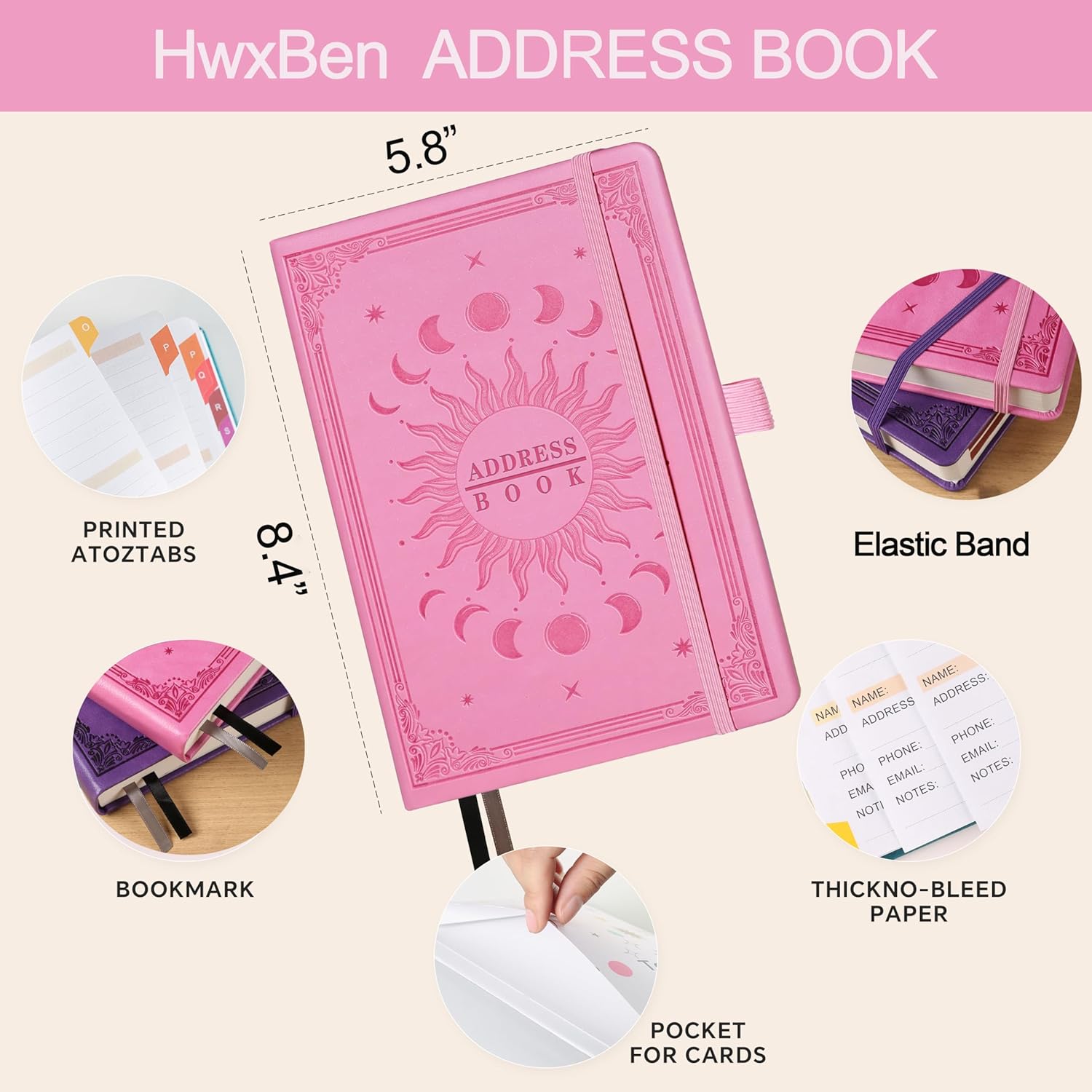 Detalle de Address Book with Colorful Alphabetical Tabs (8.4" x 5.7") – Pink Hardcover