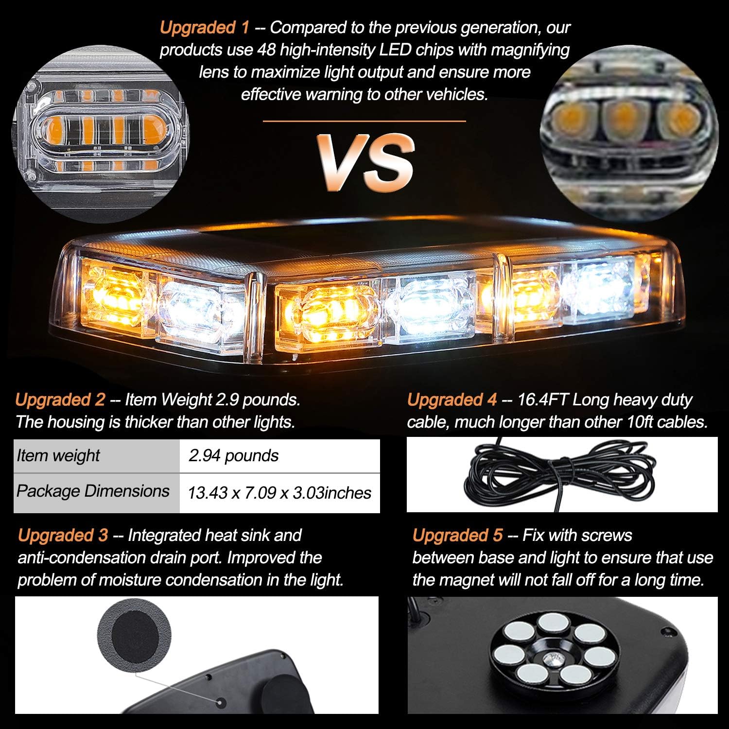 Thumbnail 1 de ASPL [Upgraded 5] 48LED Roof Top Strobe Light Bar (Amber/White) for 12–24V Vehicles