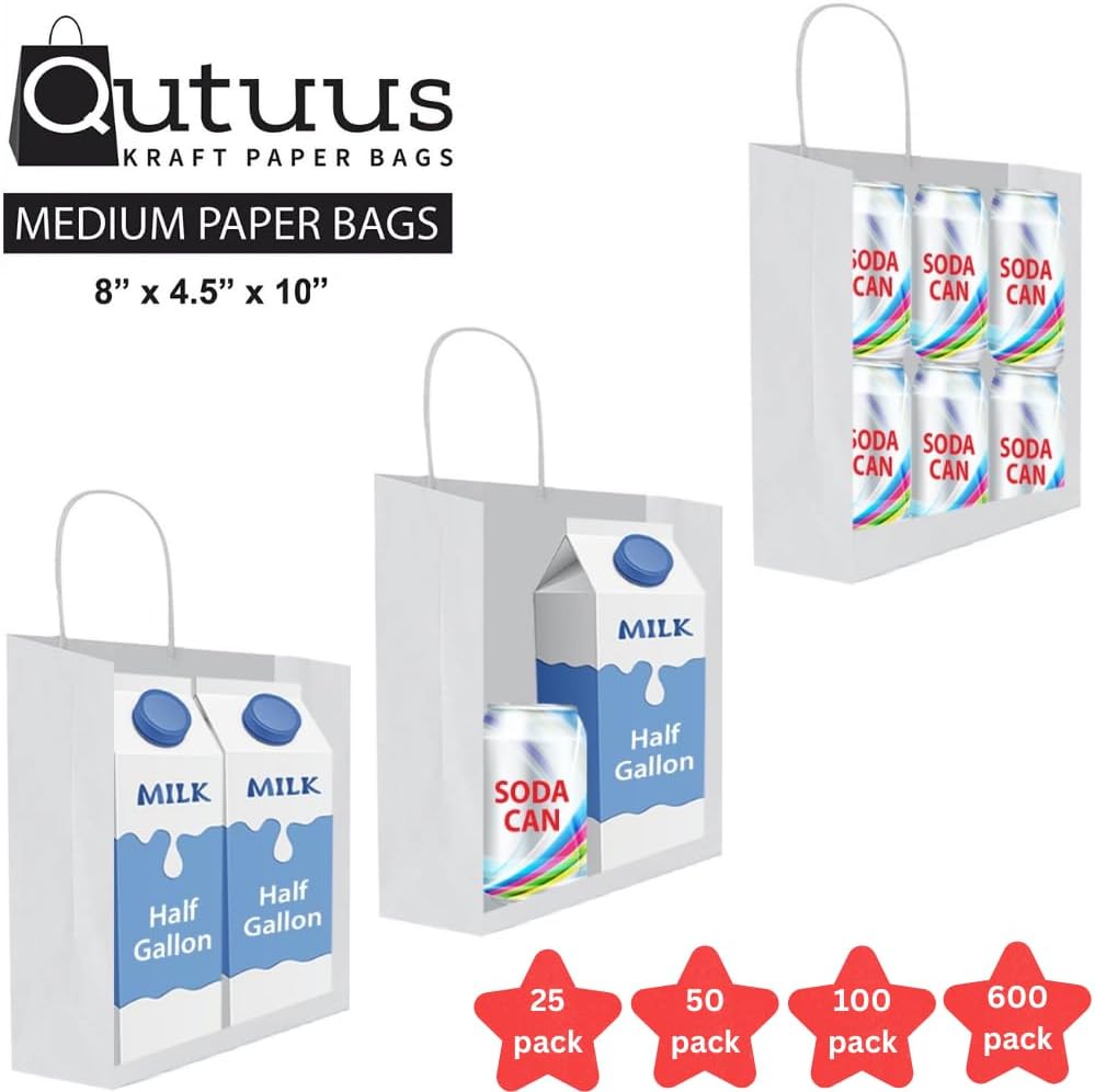 Detalle de Qutuus White Paper Gift Bags with Handles, 25 Bulk Pack – 8x4.5x10 Medium White Paper Bags for Gifts and Retail