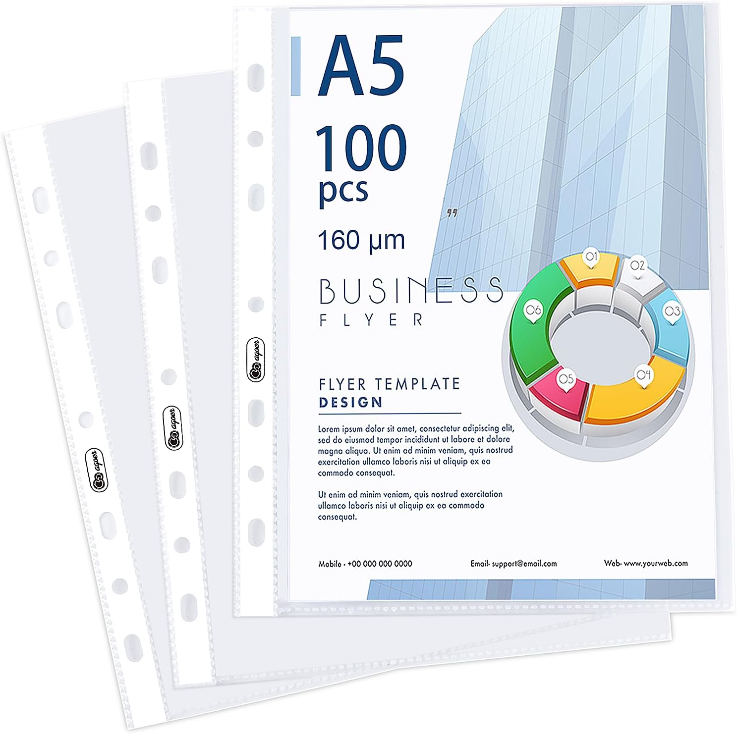 Detalle de 100 Stück DIN-A5 Prospekthüllen, Extra Stark 160µm – Klar, PP-Kunststoff, 7 Loch (A5, 21,5 × 17,3 cm)