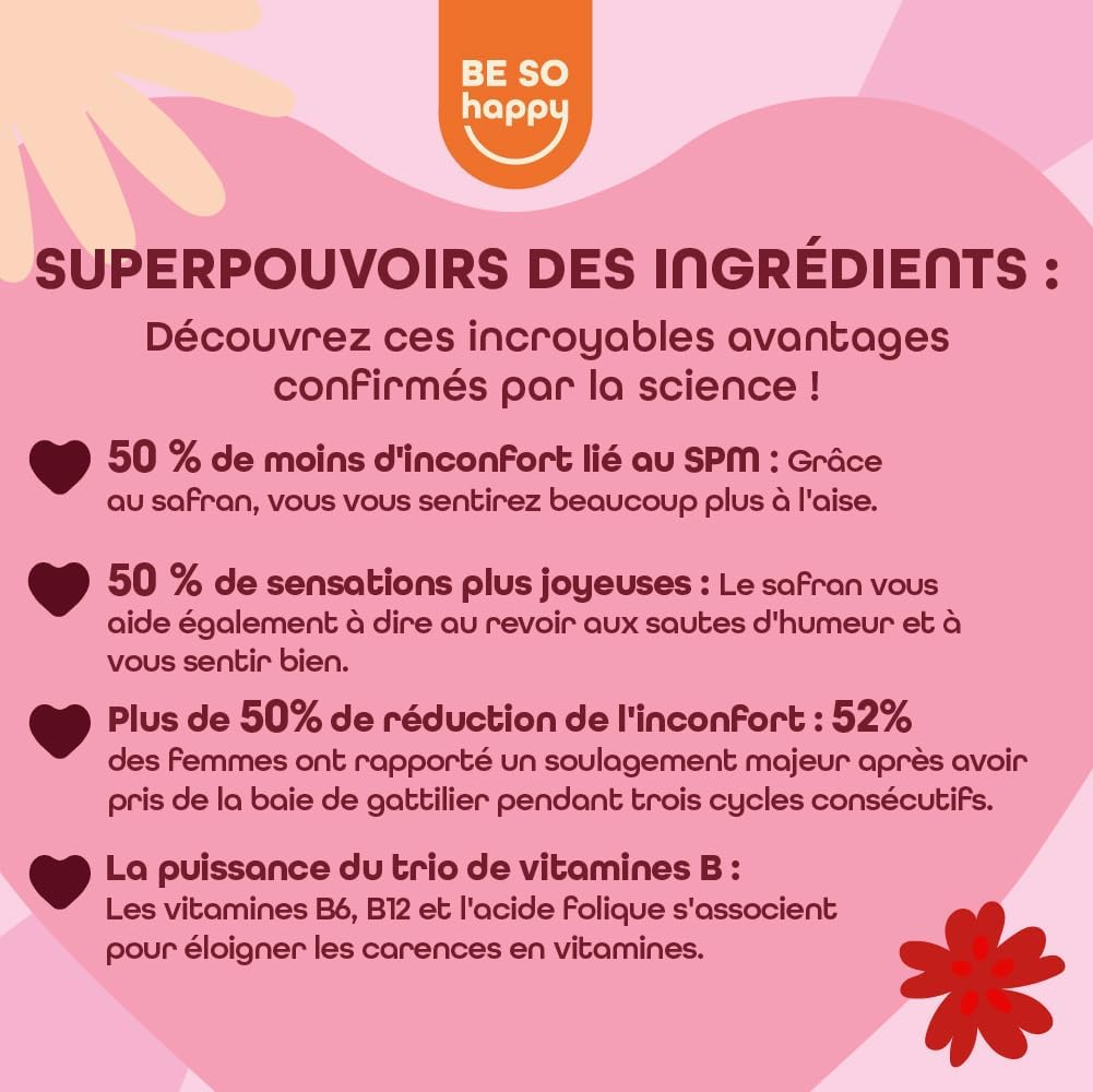 Detalle 2 de Supplément sans sucre PMS PEACE BeSoHappy® – 60 bonbons végétaliens, sas sucre