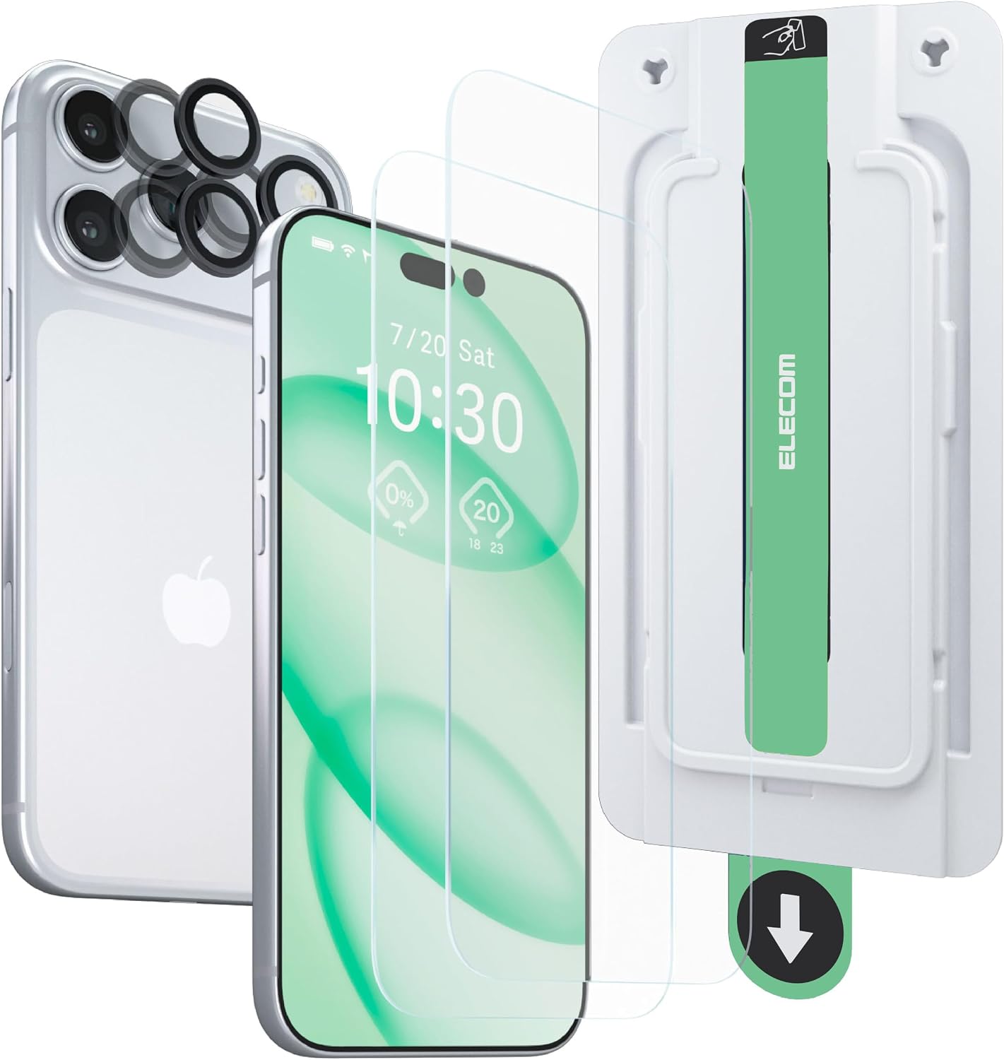 Detalle de エレコム PMWA26CFLGGTW2 iPhone 18 Pro用ガラスフィルムセット 10H・レンズ保護・貼り付けツール付き