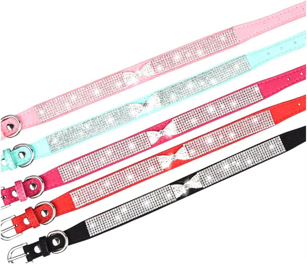 Thumbnail 5 de Rhinestone Crystal Dog Collar with Bowtie Crown – Adjustable Velvet Leather, Hot Pink (XS)