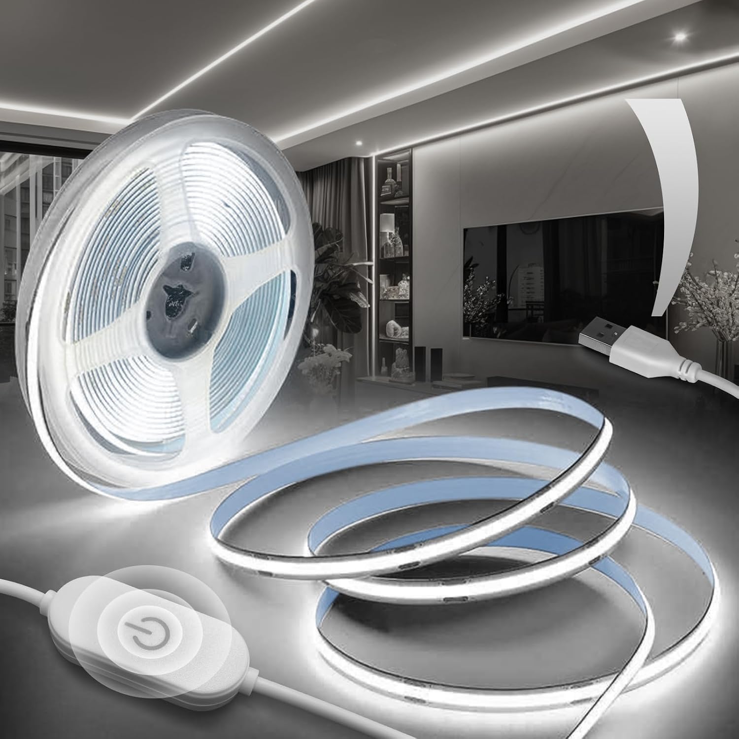 Detalle de BRIMETI 1M COB-ledstrip, USB 5 V, 6000 K en dimbaar