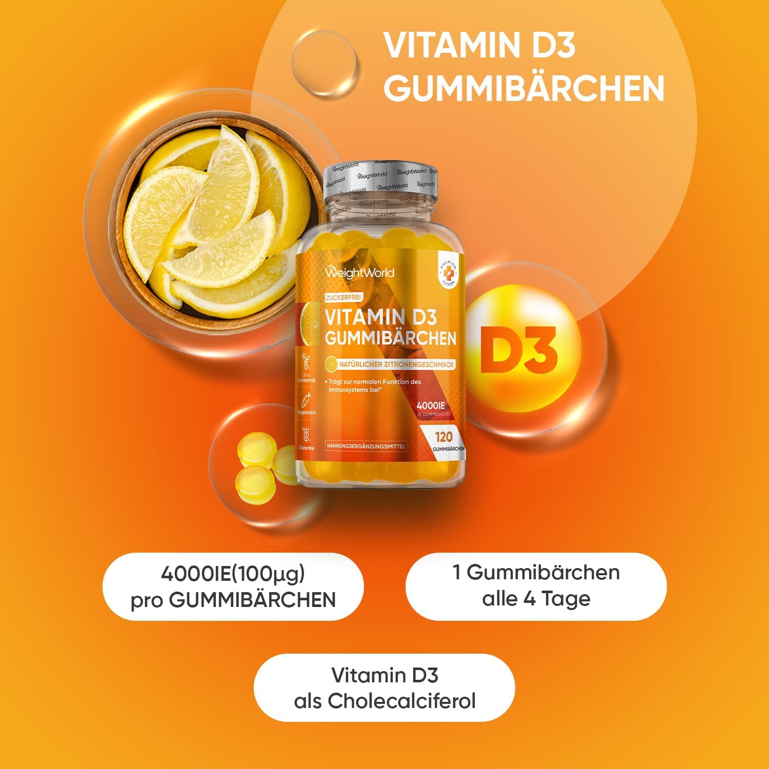 Thumbnail 1 de WeightWorld Vitamin D3 Gummies 4000 I.E. – 120 zuckerfreie Gummibärchen mit Zitronengeschmack