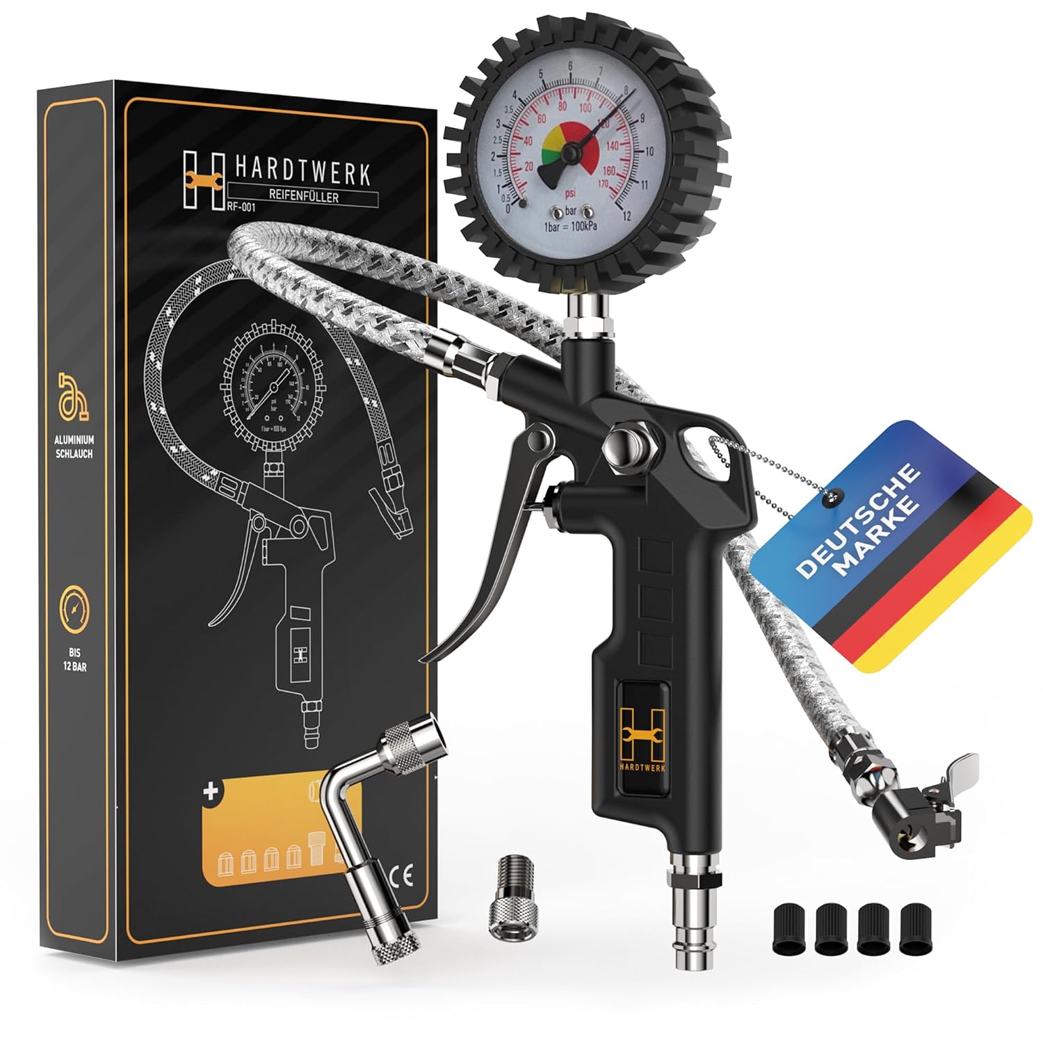 Detalle de Hardtwerk® Reifenfüller Reifendruckprüfer – Reifendruckmesser mit Manometer (0–12 bar) und 304-Edelstahl-Schlauch