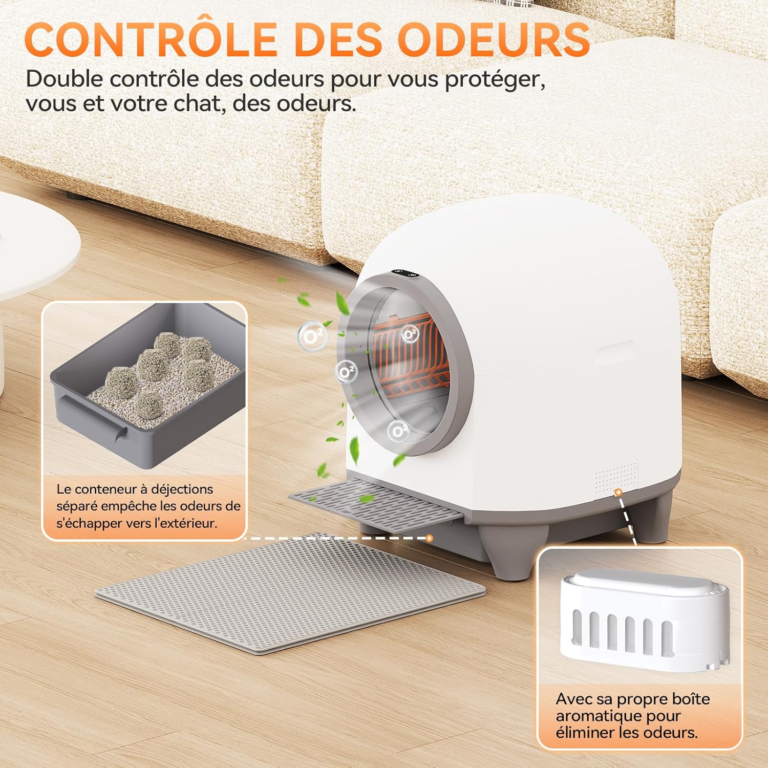 Detalle 2 de JUMMICO Litière Automatique Autonettoyante 90L pour Chats Multiples – XXL, Tapis, 6 Capteurs et Contrôle par App