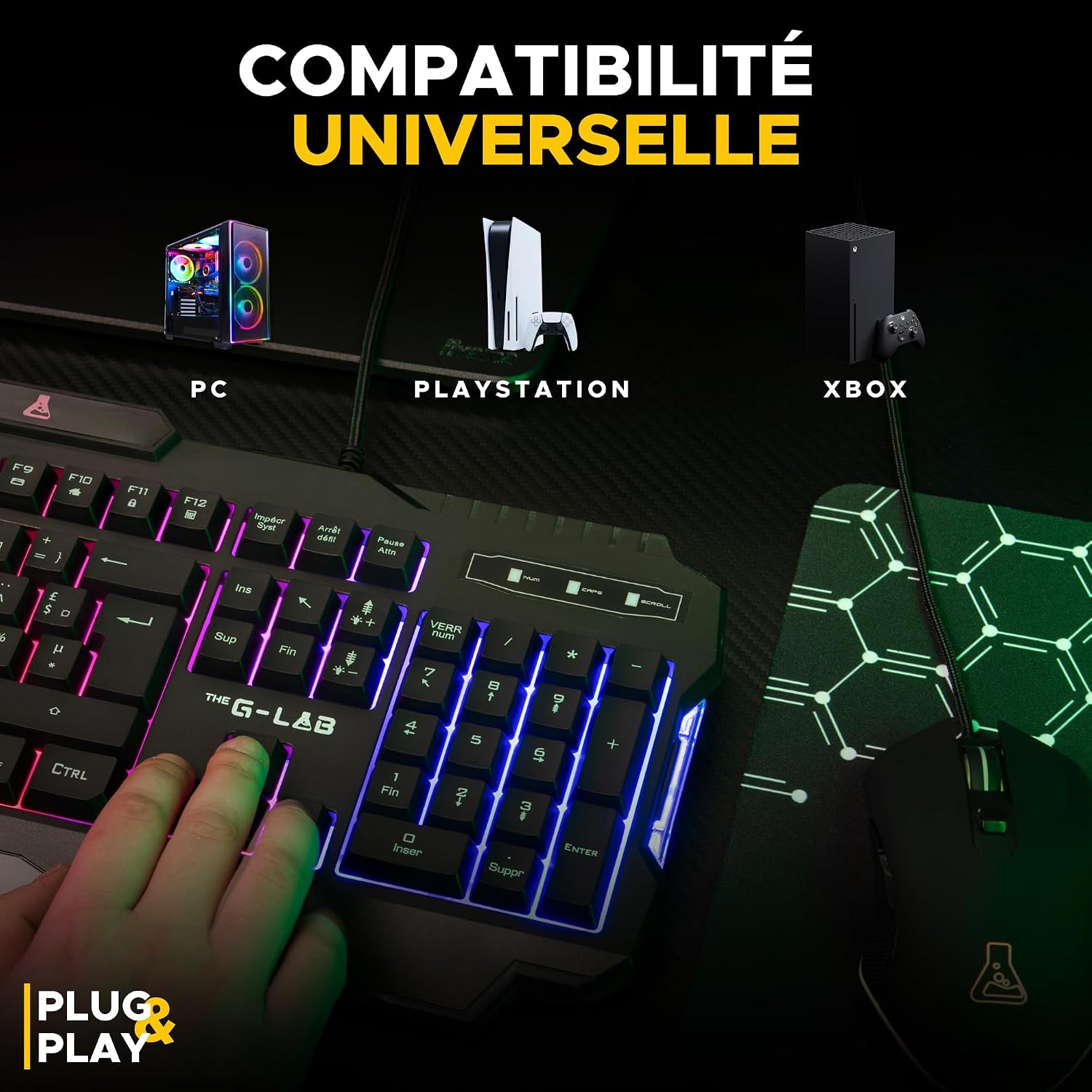 Detalle de The G-Lab Combo Hélium – Clavier + Souris + Tapis 3 en 1 pour PC, PS4/PS5 et Xbox
