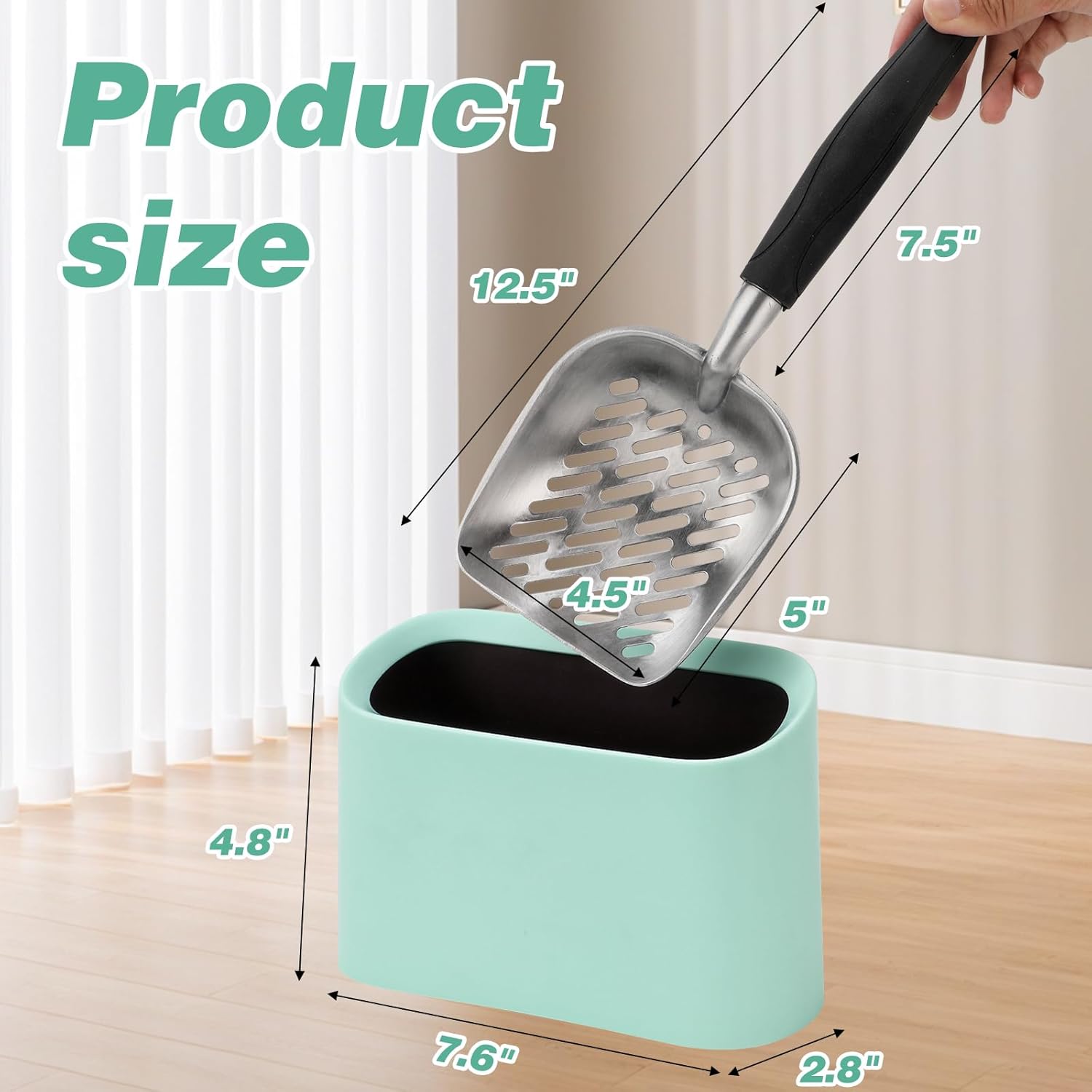 Detalle de Mfsdai Aluminium Cat Litter Scoop with Holder – Ergonomic Long Handle, 5 mm Sieve & 2-in-1 Waste Container (Green)