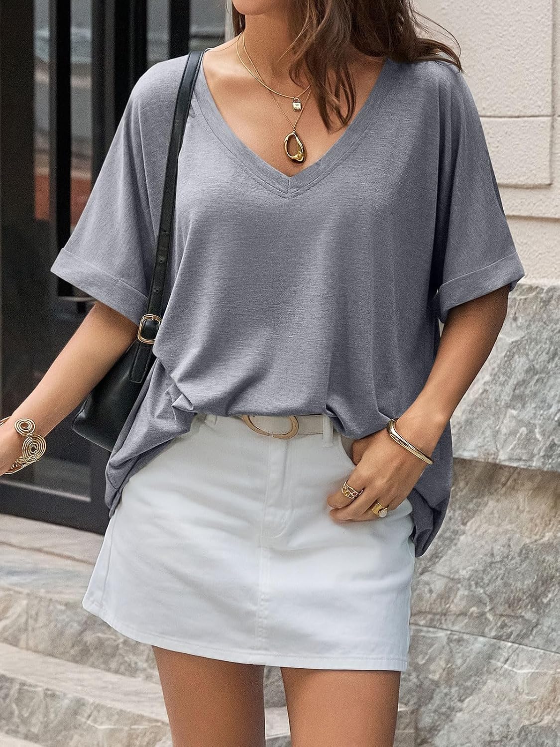 Thumbnail 2 de UNCLECAT Women's V Neck Oversized T-Shirt (Summer, Short Sleeve)