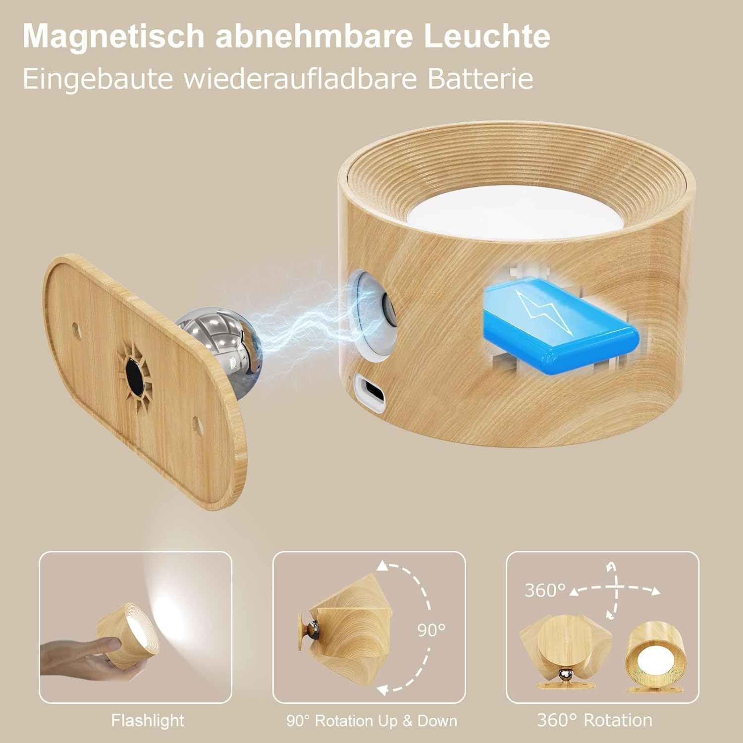 Thumbnail 4 de Feallive LED-Wandleuchte für Innen mit Akku, Touch Control und 360°-Drehung
