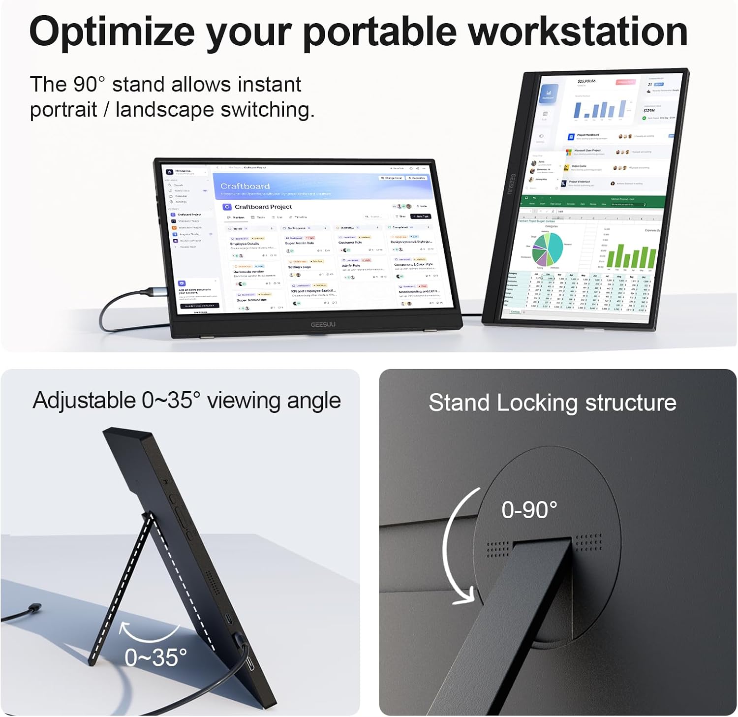 Detalle de GEESUU 15.6'' Portable Monitor: Full HD IPS Second Screen for Laptop, USB-C & Mini HDMI