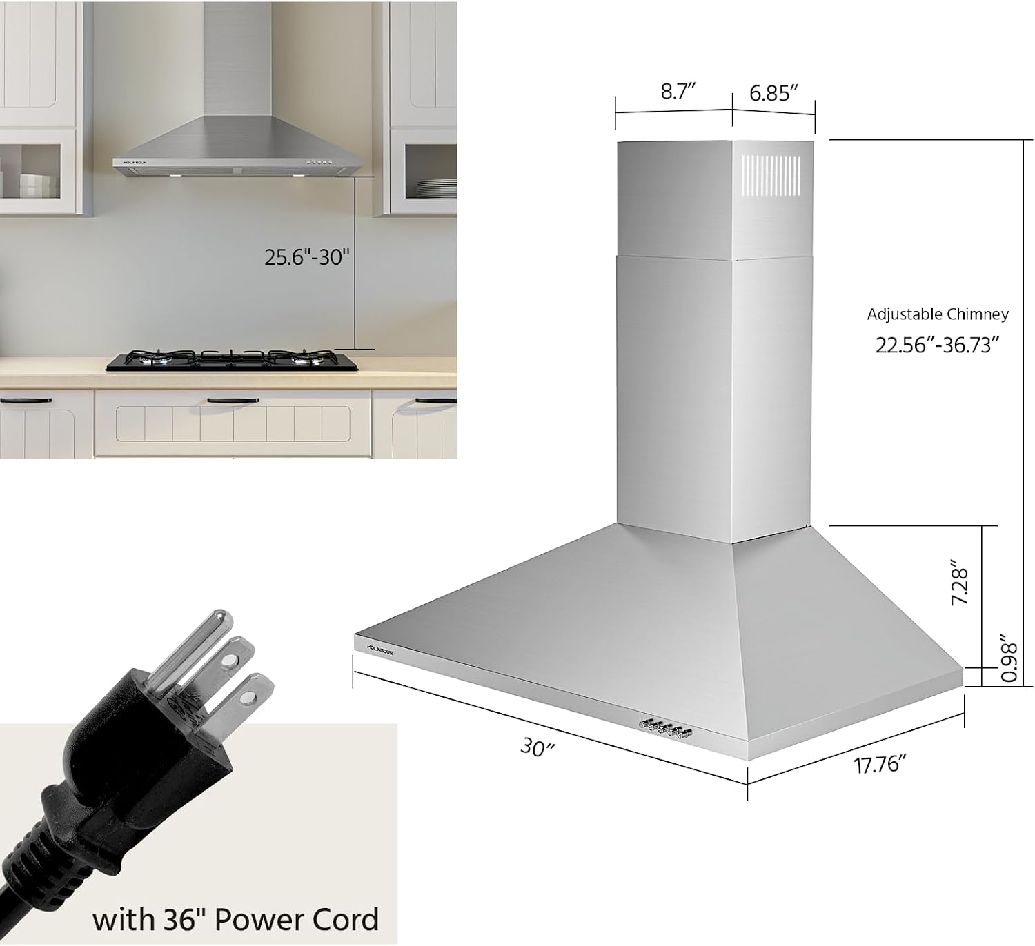 Detalle de MOLINGDUN MND-RHP30S01 30-Inch Wall-Mount Range Hood, 450 CFM, LED