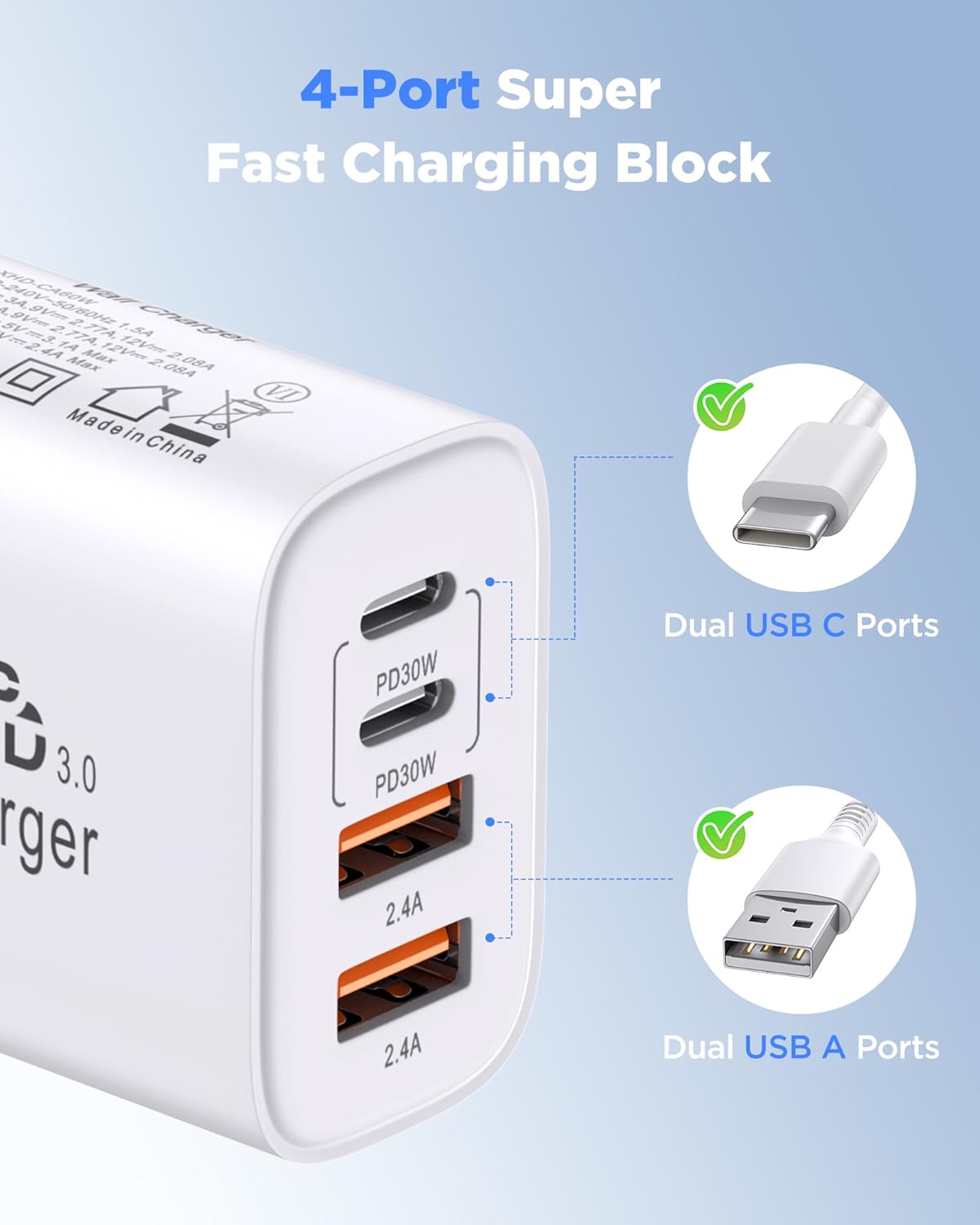 Thumbnail 6 de 60W USB C Charger, 2-Pack with 10FT Cables — Fast 4-Port Charging Block for iPhone 17 Pro Max and More