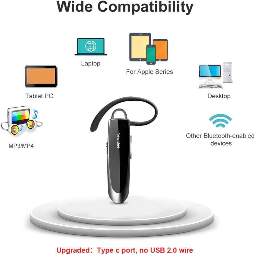 Thumbnail 4 de New Bee Bluetooth Earpiece V5.0 Wireless Handsfree Headset w/ Microphone (Black) – CVC 6.0, 24H Talk Time