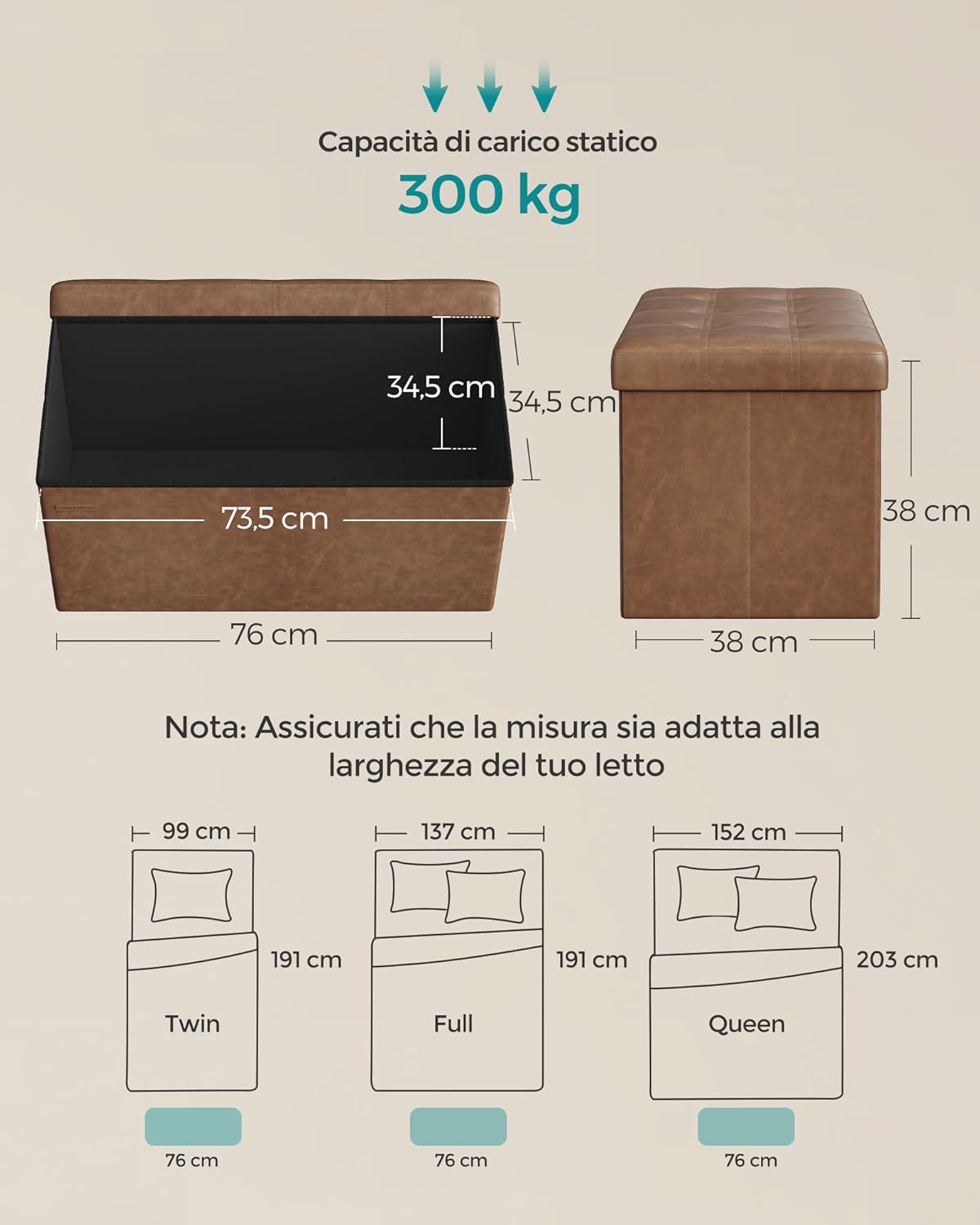 Detalle de SONGMICS Cassapanca pouf contenitore 38×76×38 cm, regge 300 kg
