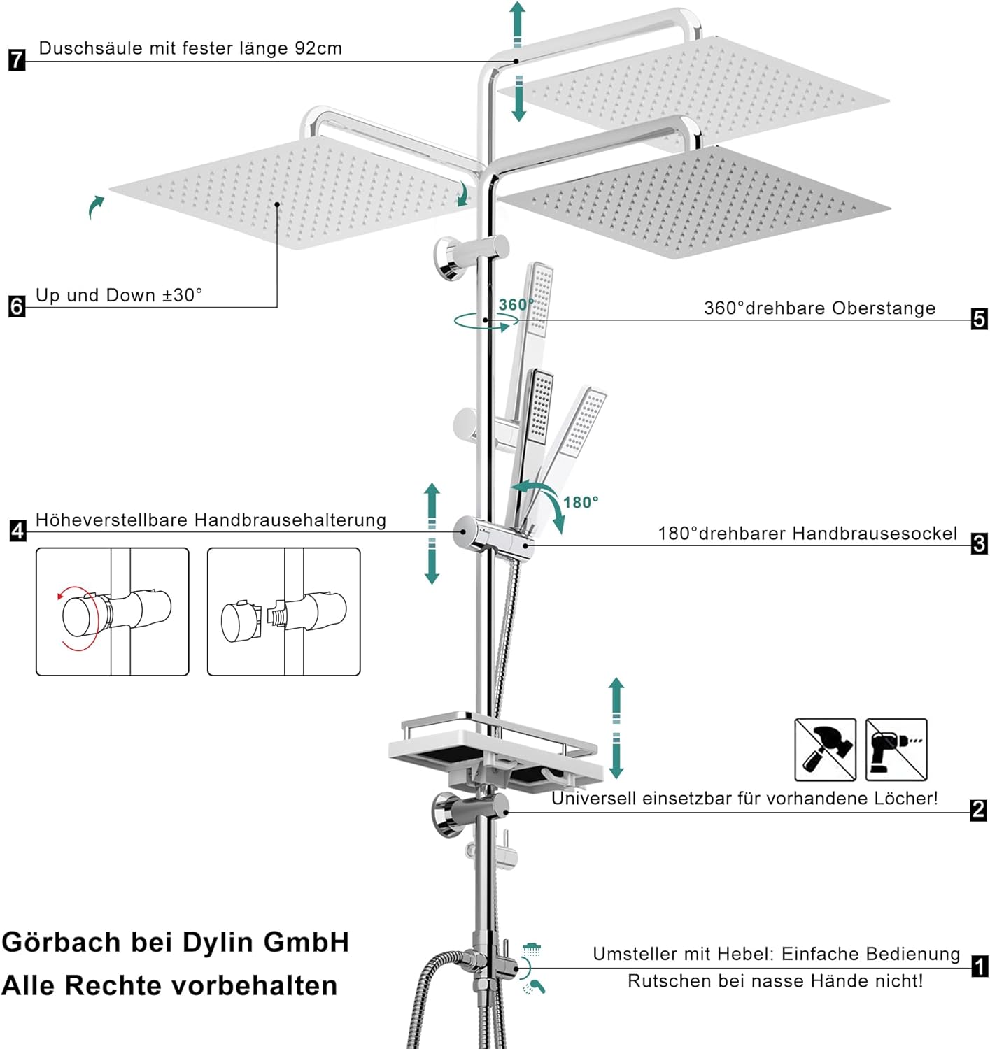 Thumbnail 5 de Görbach colonna doccia in acciaio inox senza miscelatore con soffione a pioggia, doccetta e mensola 20×20 quadrato