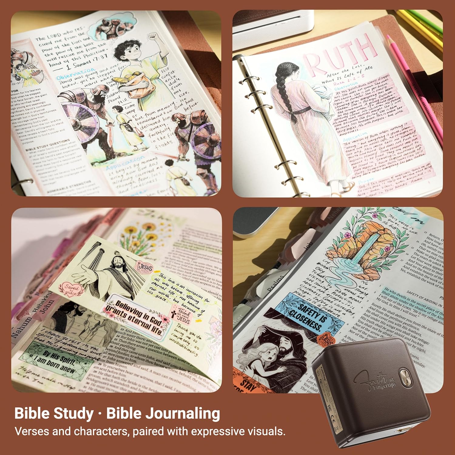 Detalle 2 de FaithTag Mini Sticker Printer F21 for Bible Study, Mini Sticker Printer with 3 Rolls (Brown) for Index Tabs, Bookmarks & Notes