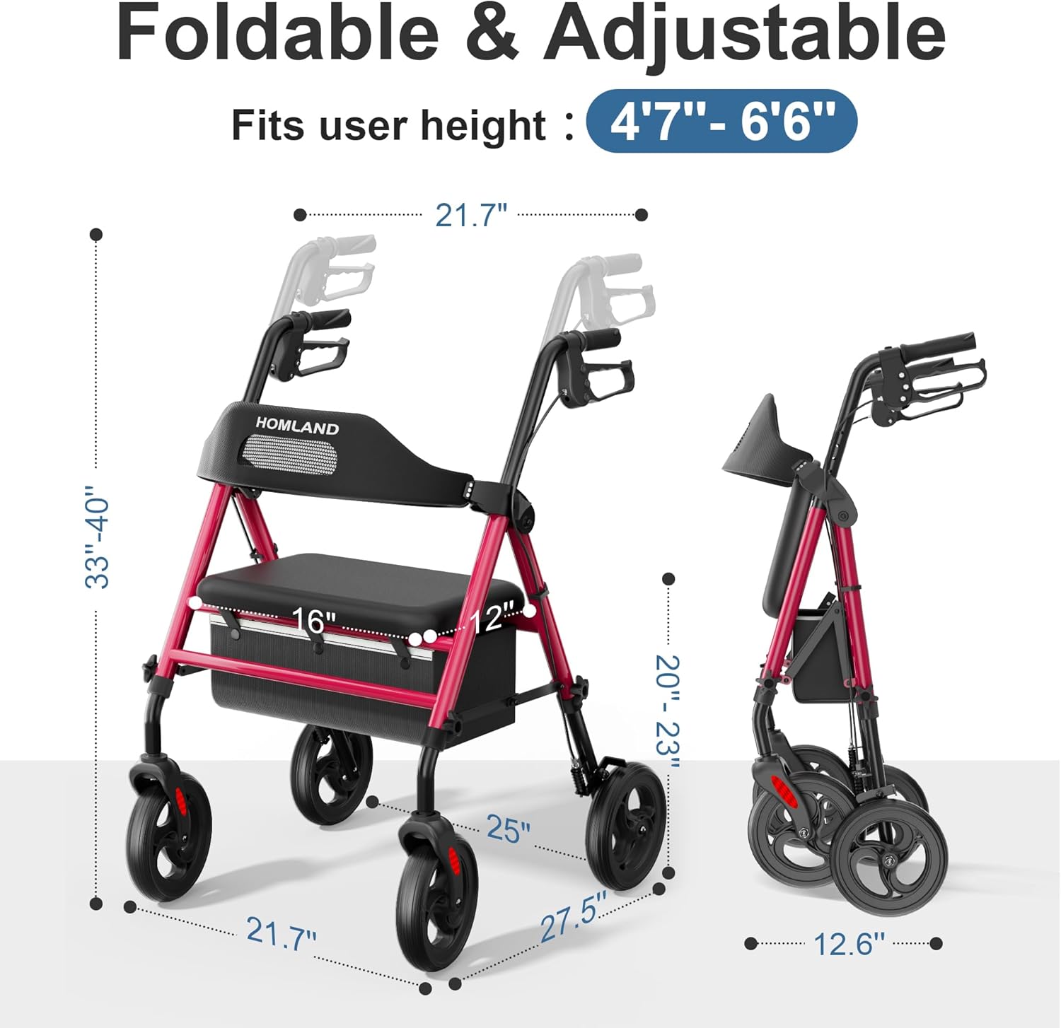 Thumbnail 5 de HOMLAND Foldable Rollator Walker 350 lb capacity