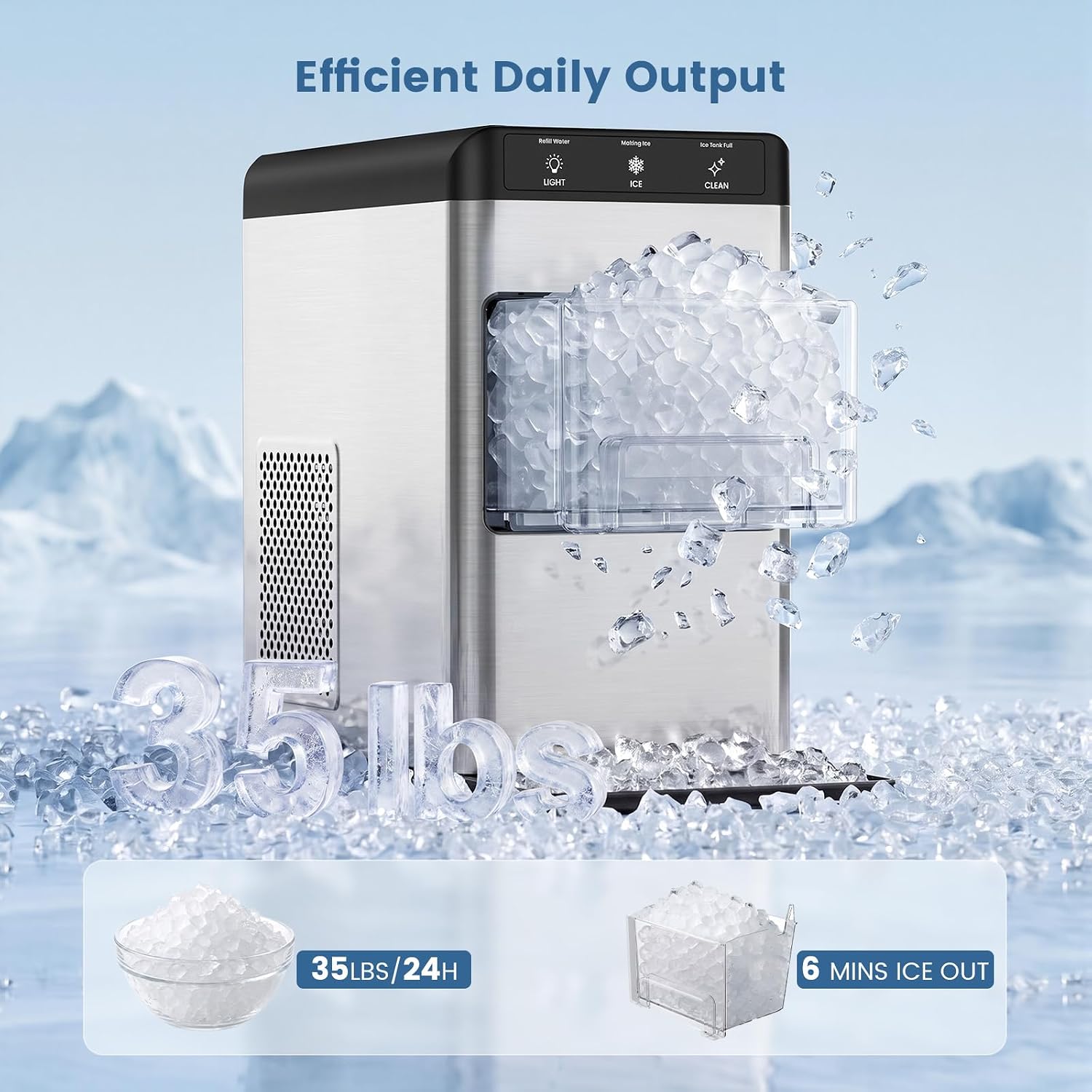 Detalle de COWSAR CB24M-C Nugget Ice Maker, 35 lb/24h, 6-Minute Ice, Stainless Steel