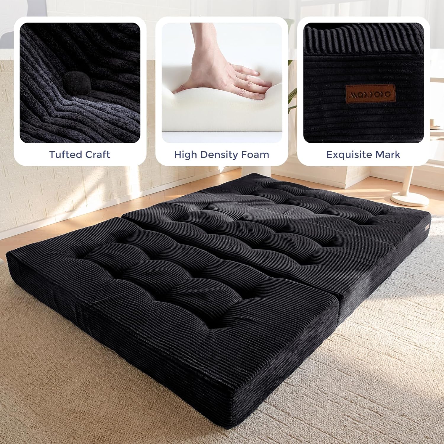 Detalle de MAXYOYO Folding Mattress, Comfy Corduroy Tri-Fold 15cm Foam – Black (UK King)