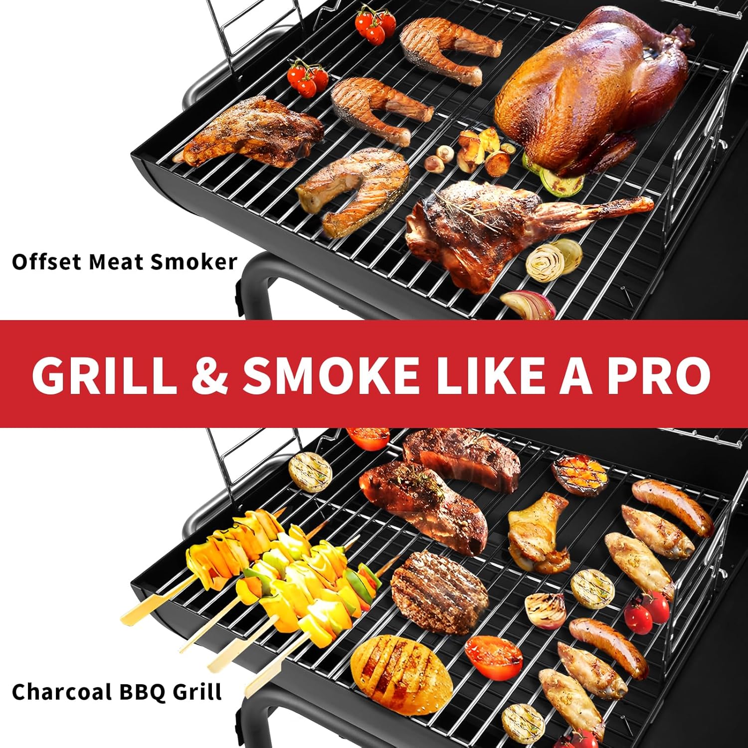 Detalle de Holzkohlegrill-Kesselwagen mit Deckel – großer Fass-Grill, Thermometer, Grillrost & Warmhaltegitter