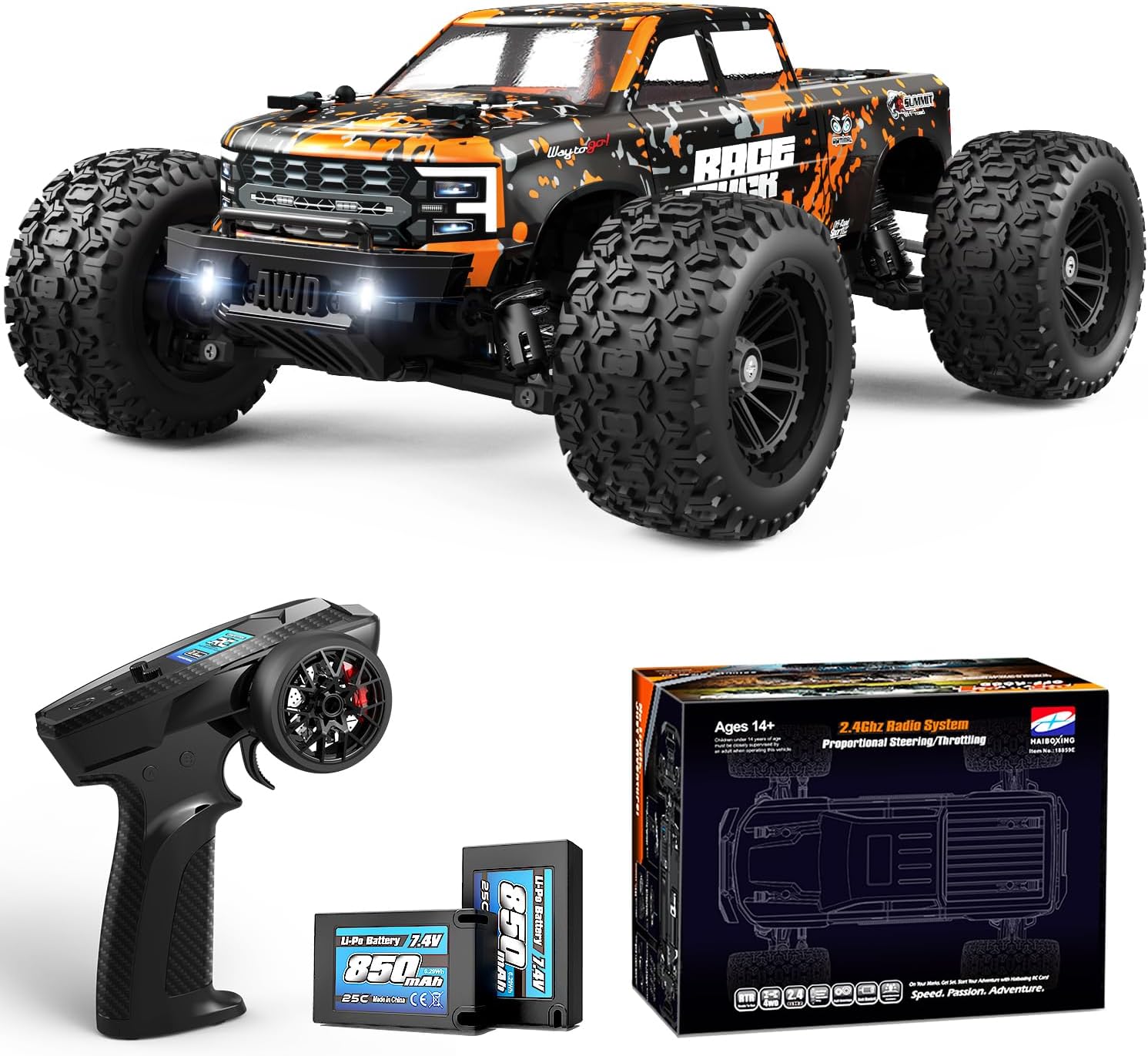 Detalle de HAIBOXING 18859E 1:18 RC Monster Truck, 4WD, 36 km/h, Oil-Filled Shocks