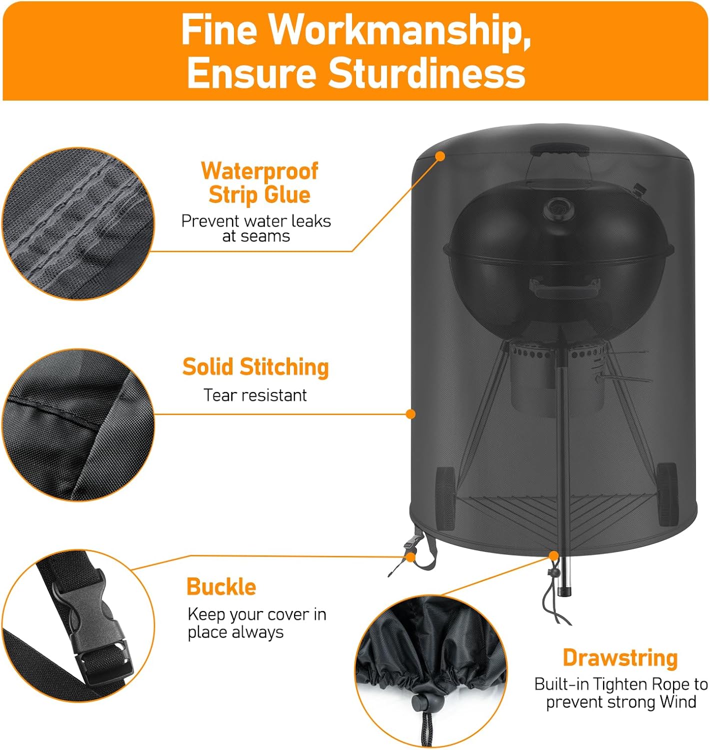 Detalle de Raweao Kettle BBQ Cover 57cm for Weber – Waterproof 500D Oxford, Φ71x68cm