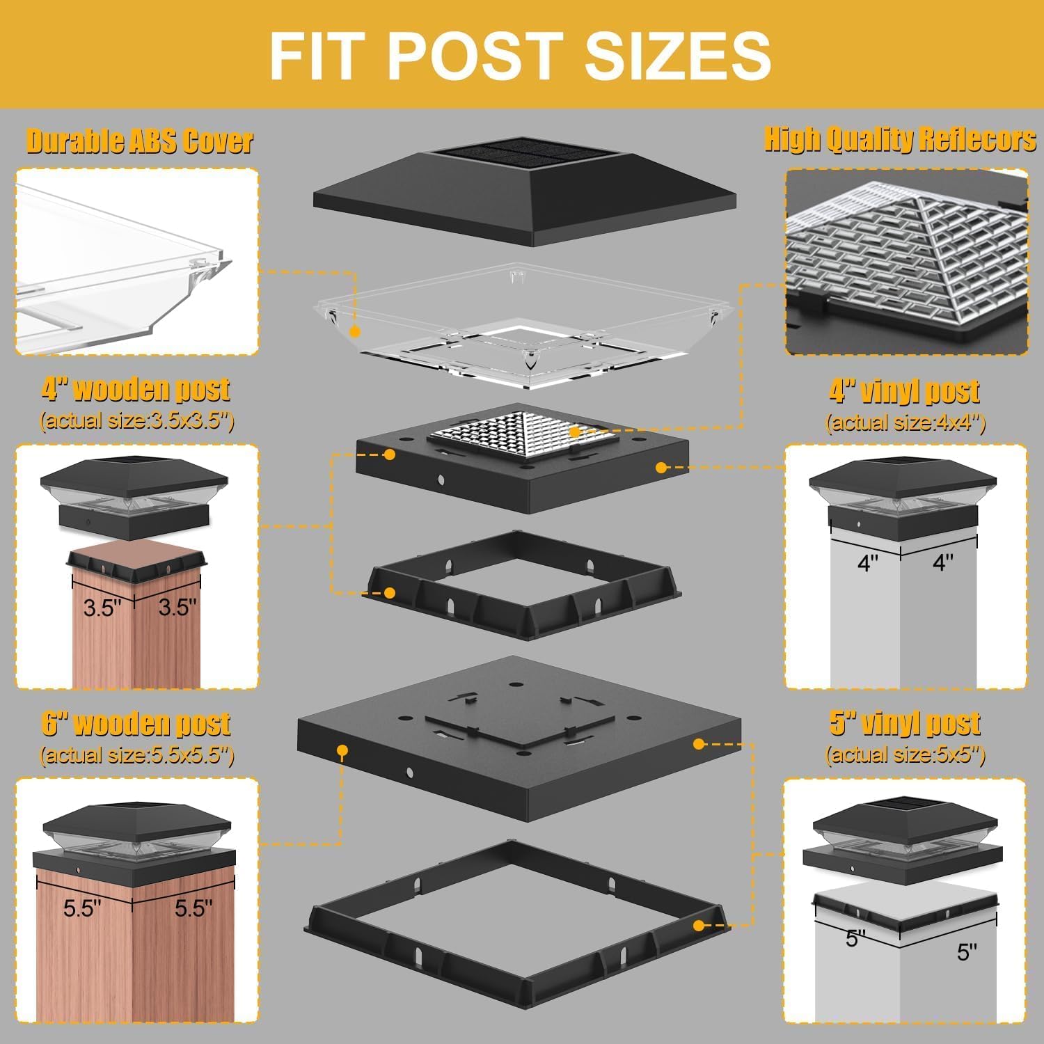 Detalle de T-SUNUS Pfostenleuchte Solar: Pfostenkappe mit zwei Farbtemperaturen (3000K/6000K) für 9x9 bis 14x14 cm Pfosten