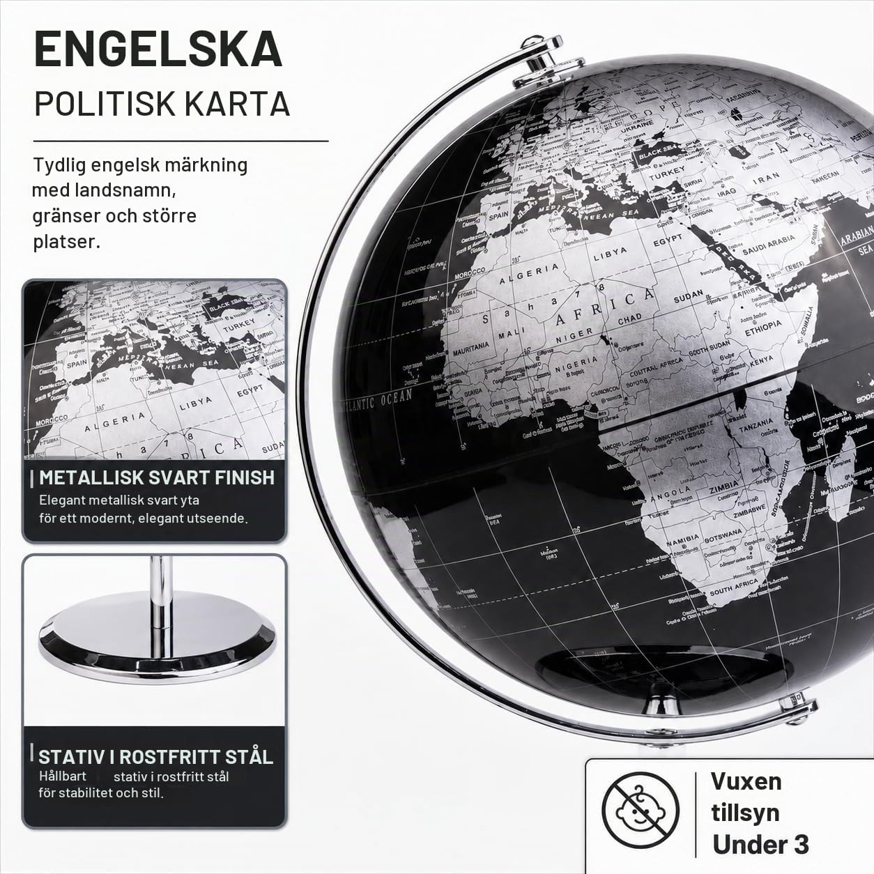 Thumbnail 3 de Exerz EX-GL20-BLK jordglob 20 cm, svart med politisk karta och metallstativ