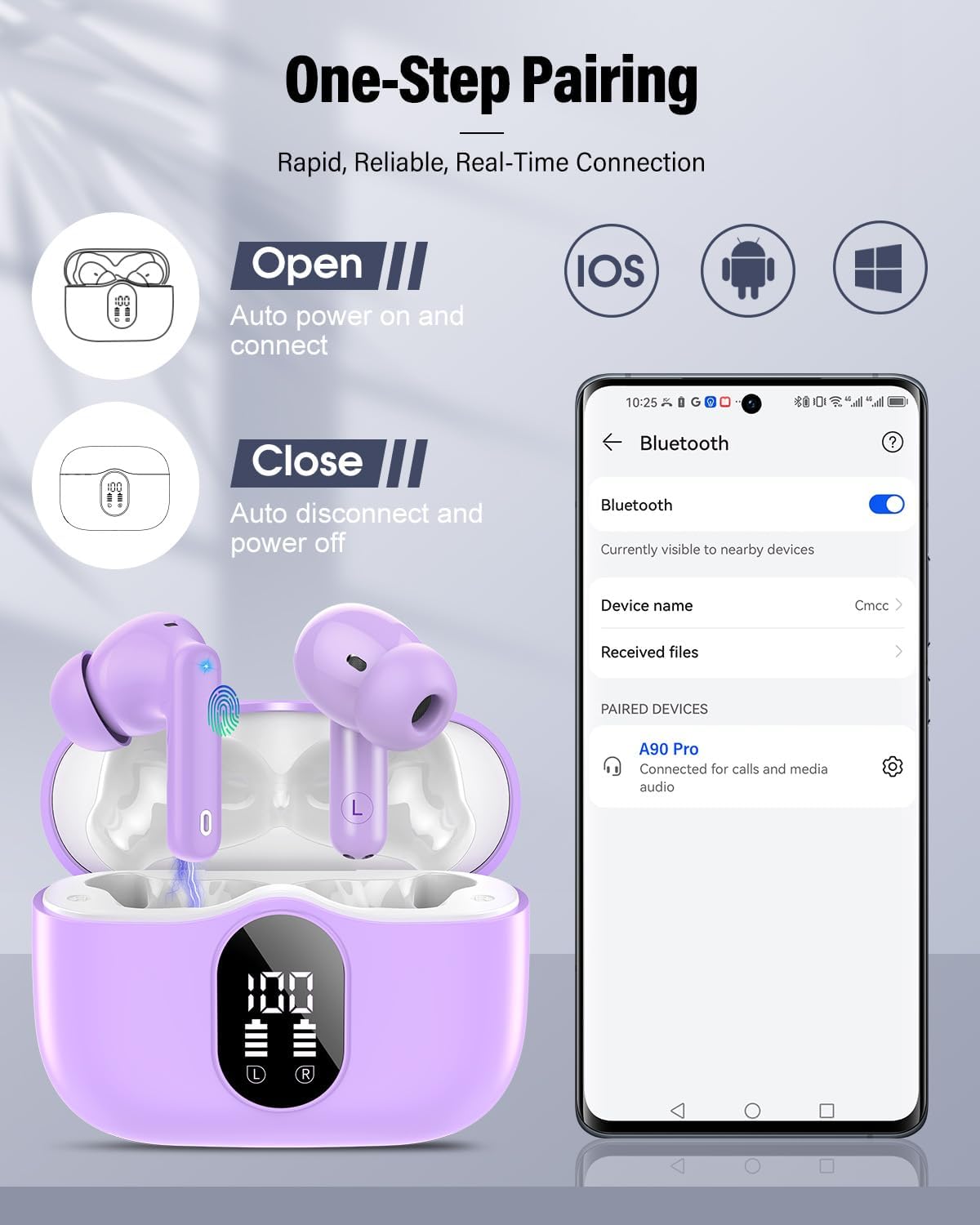 Detalle 1 de Btootos A-A90 Pro Wireless Earbuds, Bluetooth 5.4, Purple, 36-Hour Playtime