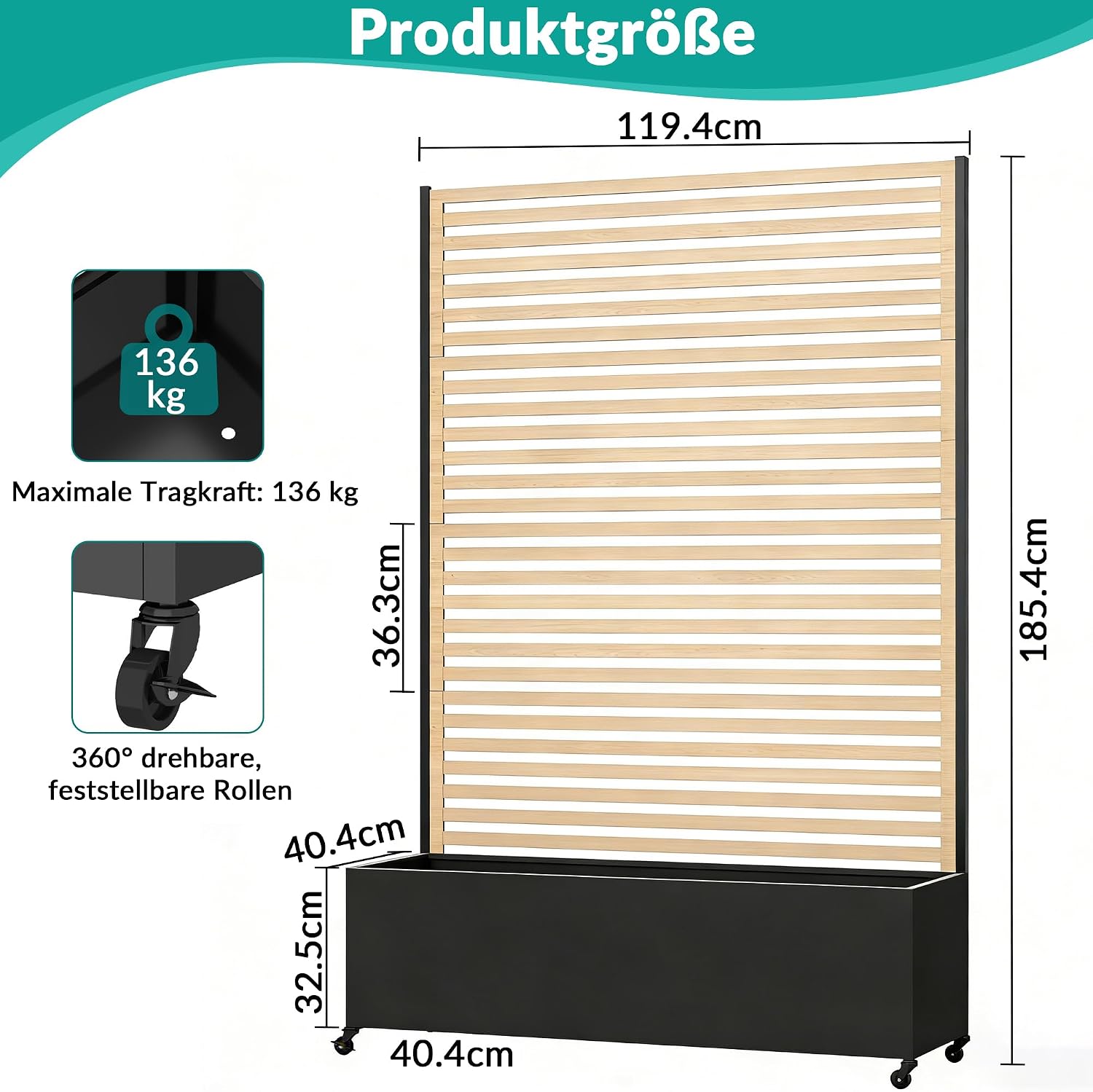 Detalle de Pflanzkasten aus Metall mit Spalier – Hochbeet mit Rädern, wetterfest, freistehender Sichtschutz für Balkon, Terrasse oder Garten