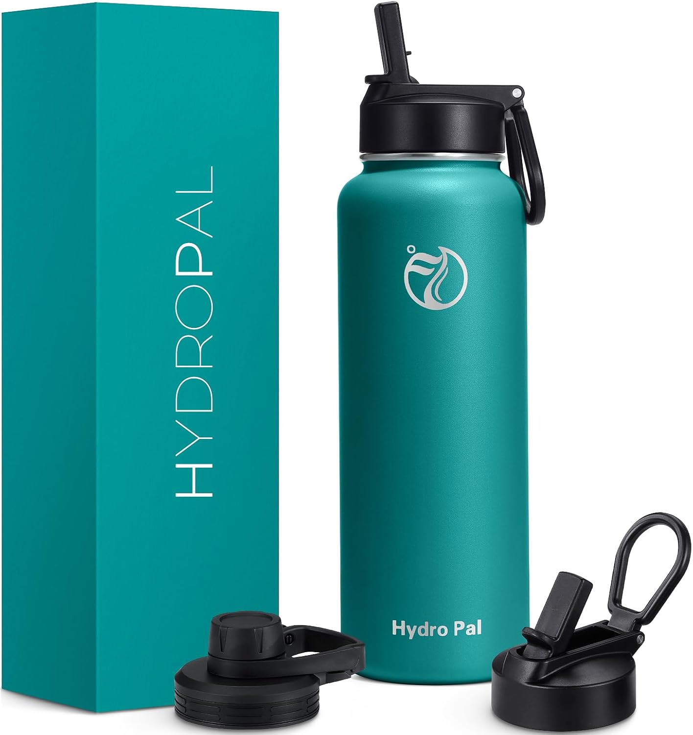 Detalle de HydroPal Isolierflasche 1200ml – Edelstahl, BPA-frei, 24h kalt / 12h heiß, auslaufsicher mit zwei Deckeln und Strohhalm