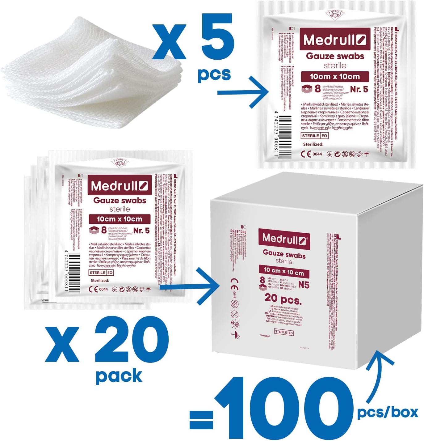 Detalle de Medrull Mulltupfer Steril 10 × 10 cm – Nicht klebende Wundauflagen, 8‑lagig, extra saugfähig, 100 Stück (in 20 Papierbeuteln)