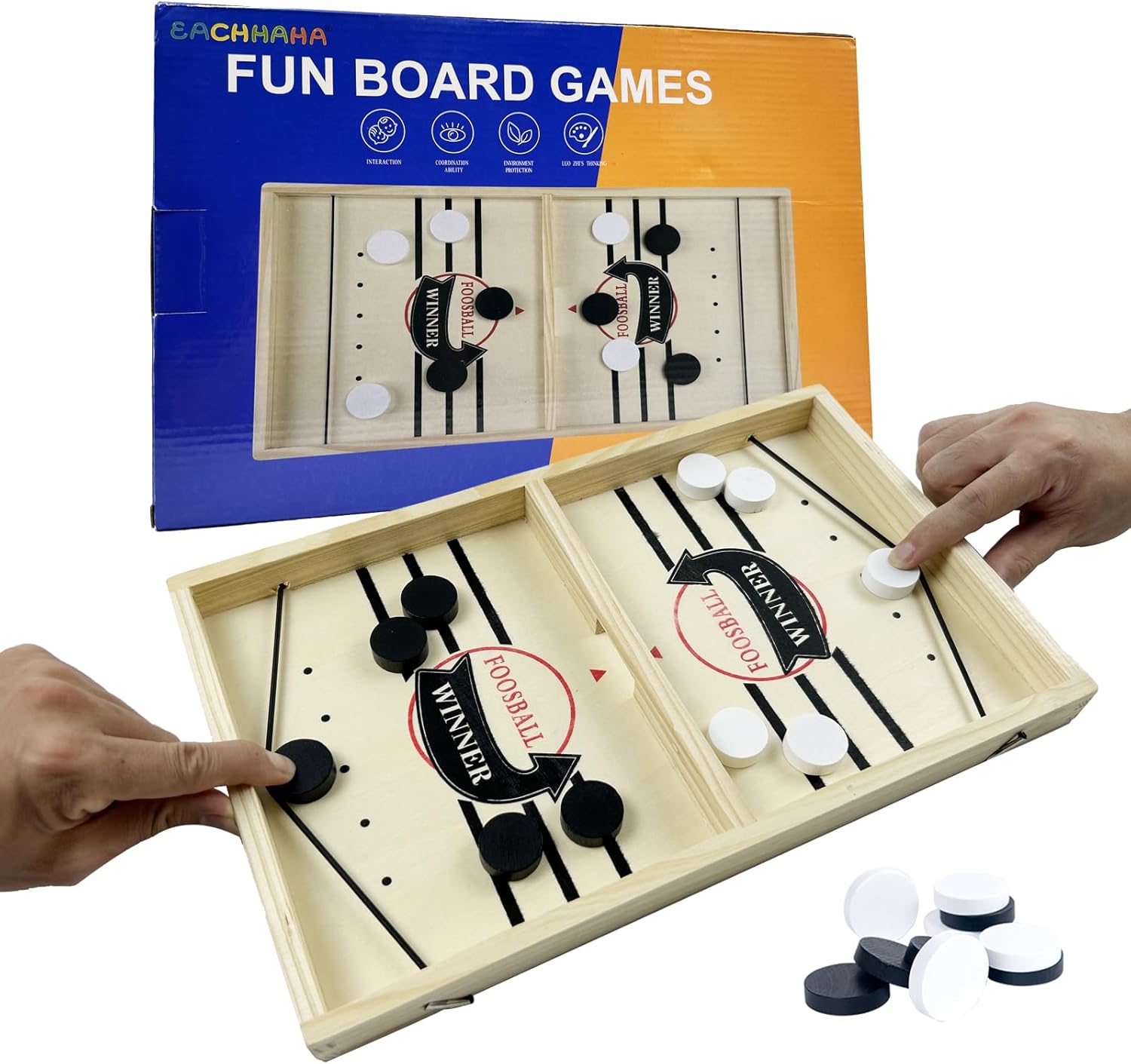 EACHHAHA Sling Puck Game – jeu de société hockey sur table portable (plateau + palets/pions)