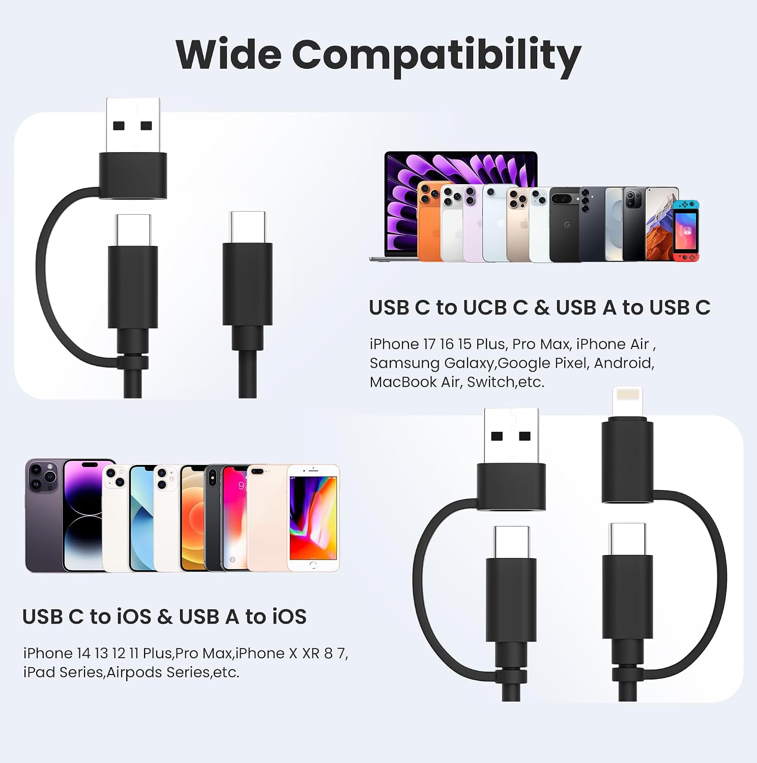 Thumbnail 6 de Elebase 4-in-1 USB-C Charging Cable (2m) with USB-A/Lightning adapters for AirPods Pro and iPad