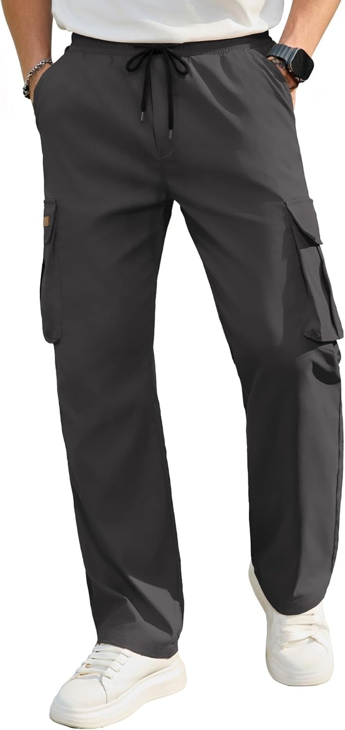 Detalle de PLEPAN Men’s Casual Cargo Pants with Drawstring Waist, Pockets for Hiking, Workout & Everyday Wear