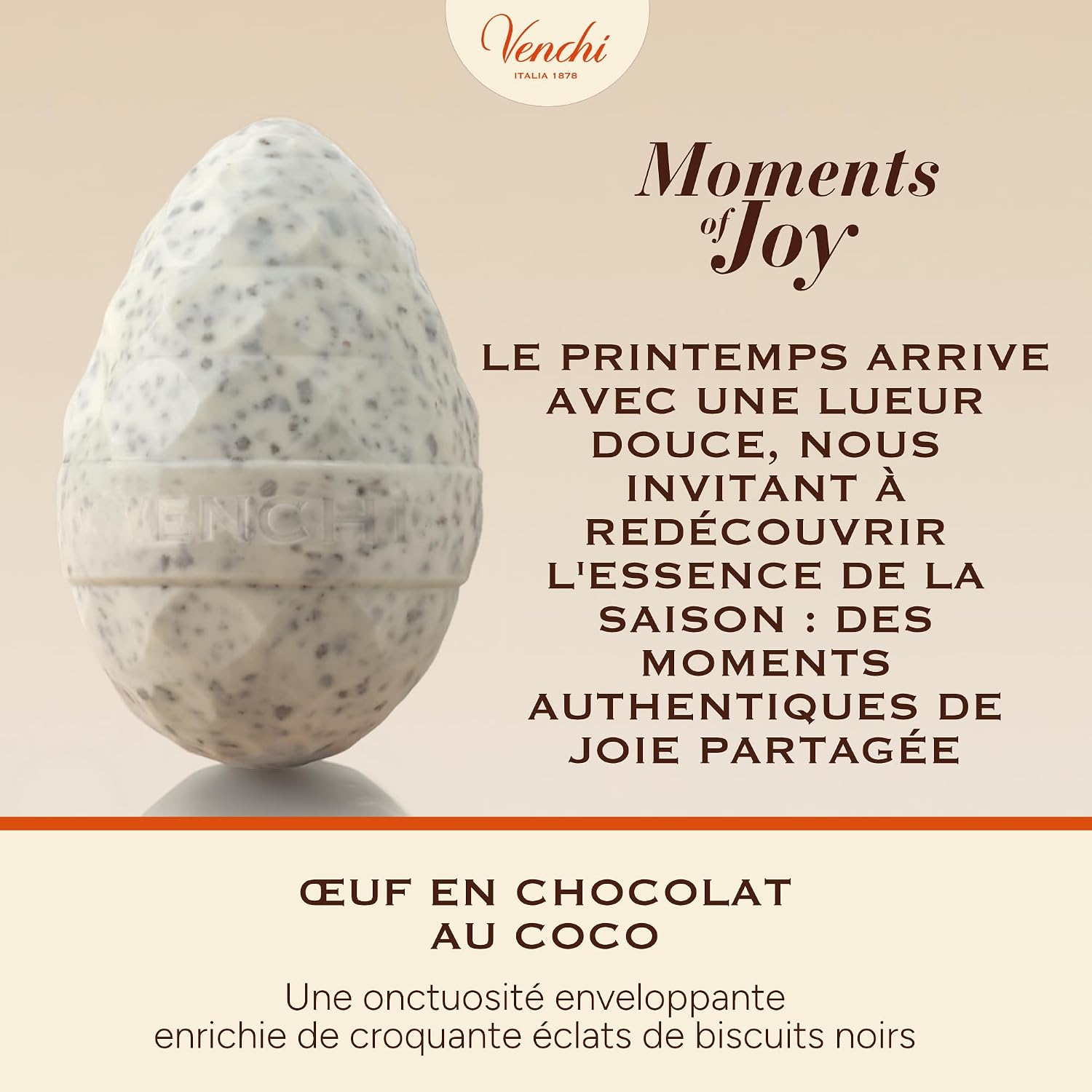 Detalle de Venchi Œuf au chocolat à la noix de coco, éclats de biscuit noir (150 g) sans gluten, avec surprise