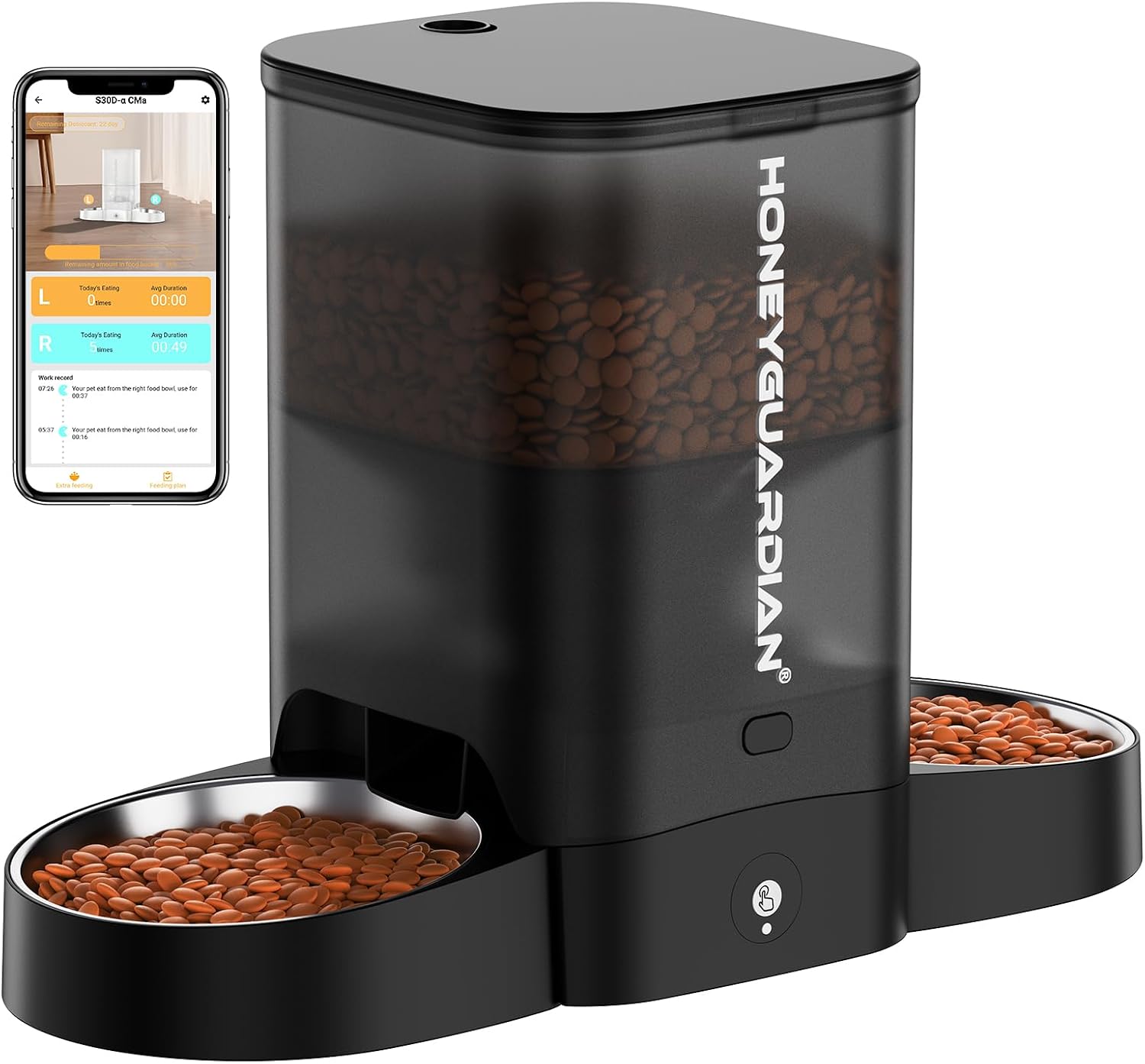 Detalle de HoneyGuaridan 3,5L distributore automatico cibo per gatti con WiFi 2,4/5 GHz, 6 pasti e doppia ciotola