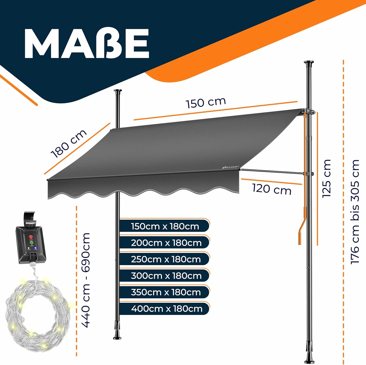 Thumbnail 4 de KESSER Klemmmarkise mit Handkurbel & LED-Lichterkette (Balkonmarkise, ohne Bohren) – 250 x 180 cm