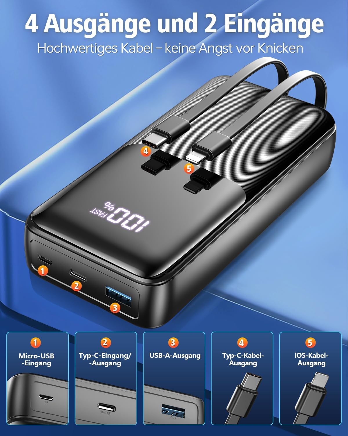 Thumbnail 1 de Power Bank 40.000 mAh mit 22,5 W PD Schnellladung, USB-C & integrierten Kabeln (für iPhone & Android)