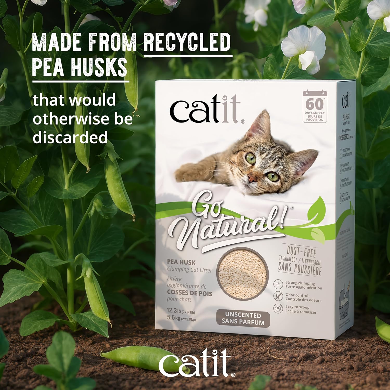 Detalle de Catit Go Natural! Katzenstreu parfumfrei, klumpend aus Erbsenschalen – 2 x 2,8 kg