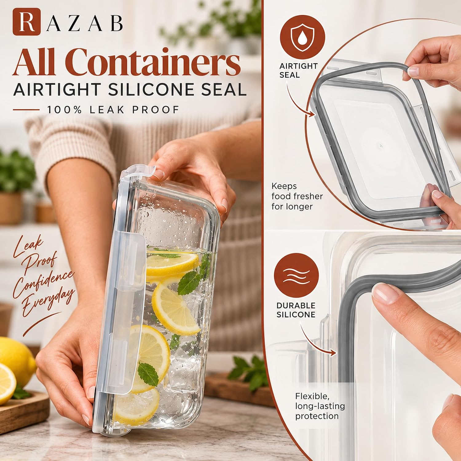 Detalle 2 de Razab 63 oz 2-Pack Borosilicate Glass Food Storage Containers with Lids