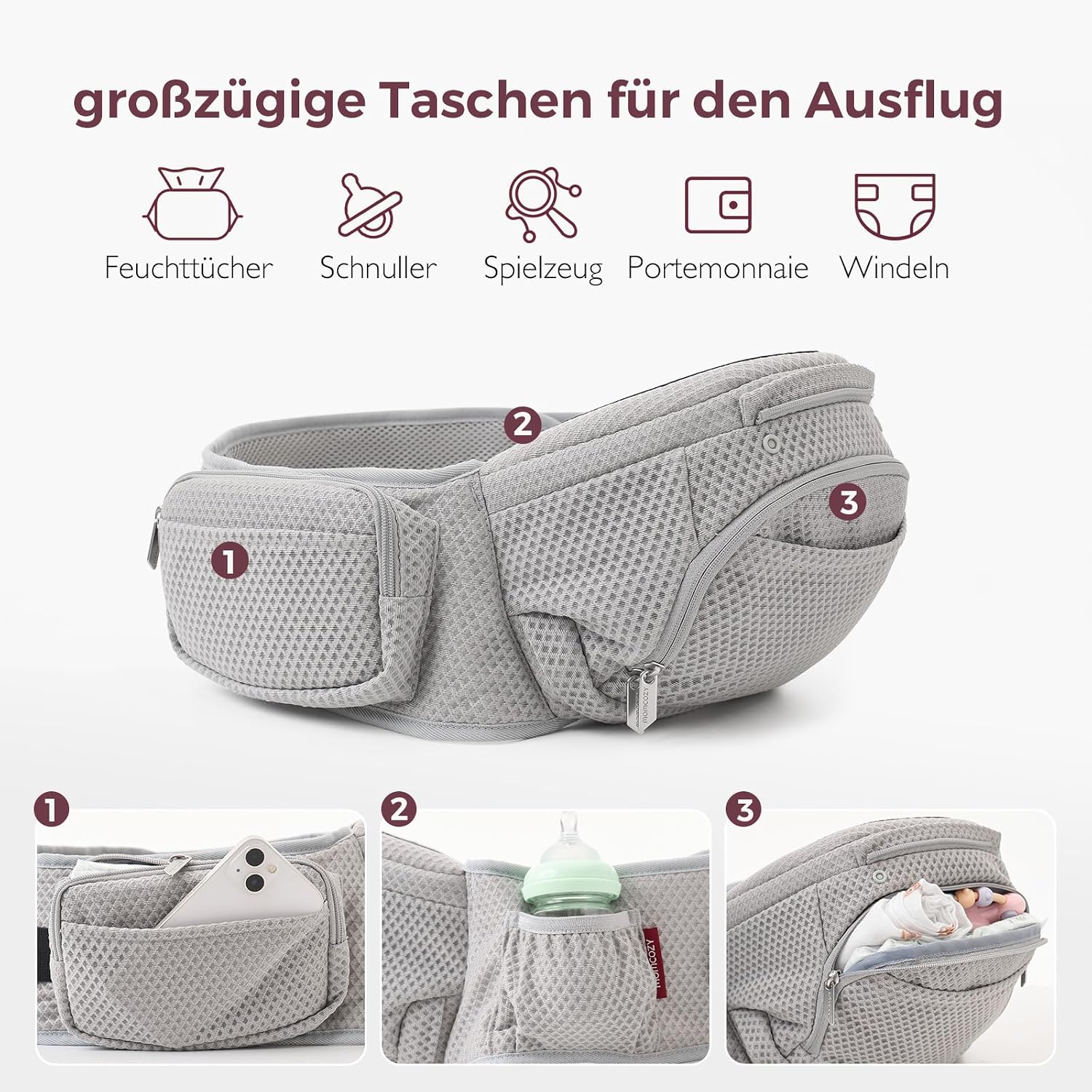 Thumbnail 2 de Momcozy Babytrage mit Hüftkissen 2-in-1 – Grau, bis 20 kg, 6 Tragepositionen