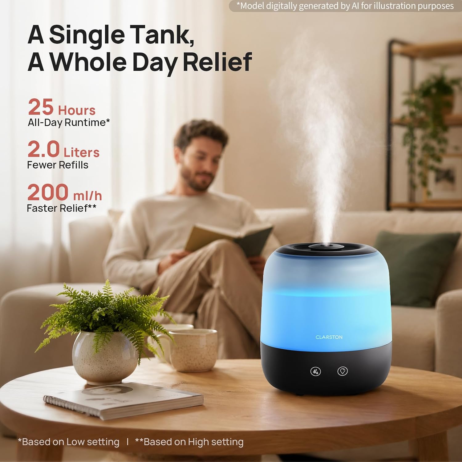 Detalle de CLARSTON 10056 Cool Mist Humidifier, 2 L Top-Fill with 360° Nozzle