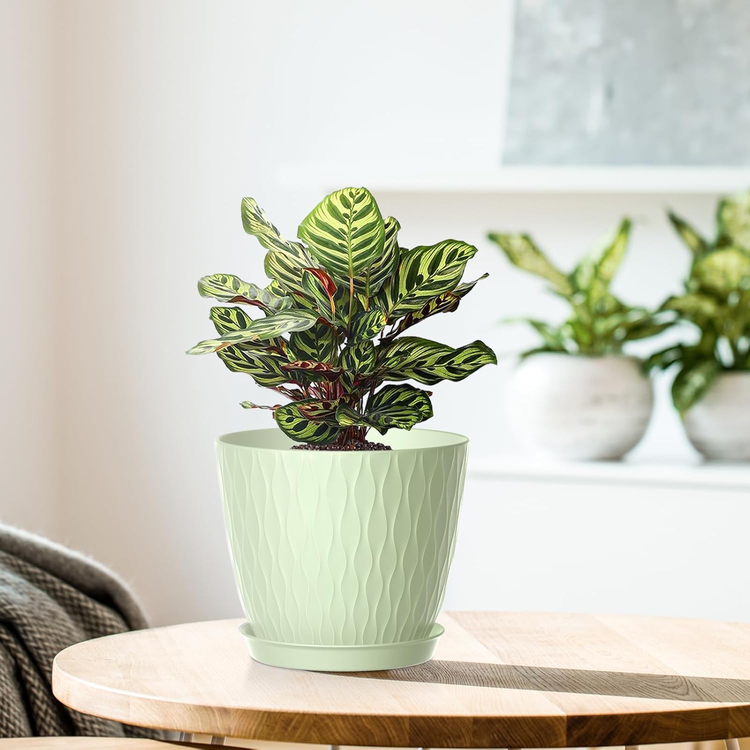 Thumbnail 4 de Homeuouz 5-Pack 15cm Stripe Grooves Plastic Plant Pots with Drainage Holes and Tray (Light Green)