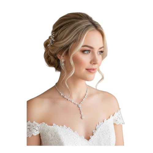 ONDEGO 3er Set Silber Strass Schmuck – Halskette, Ohrringe & Armband für Hochzeit, Kommunion und Ball