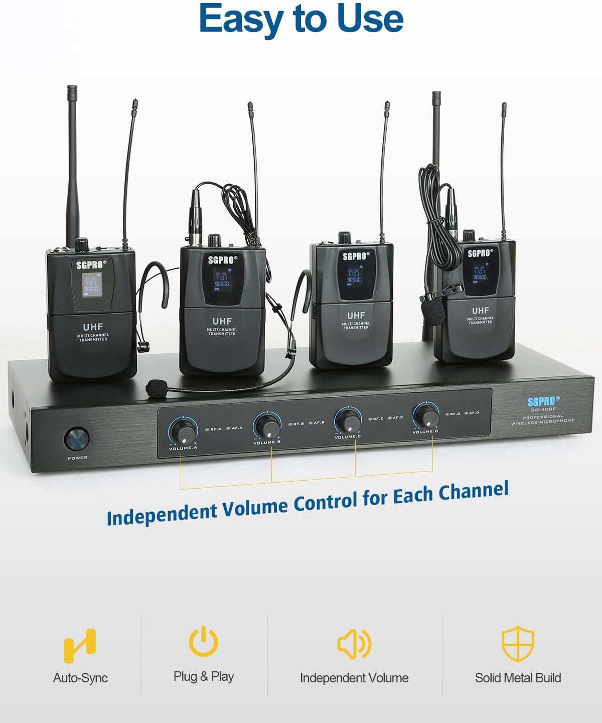 Detalle 1 de SGPRO SG-400F4B 4-Channel Wireless Microphone System, Metal Receiver