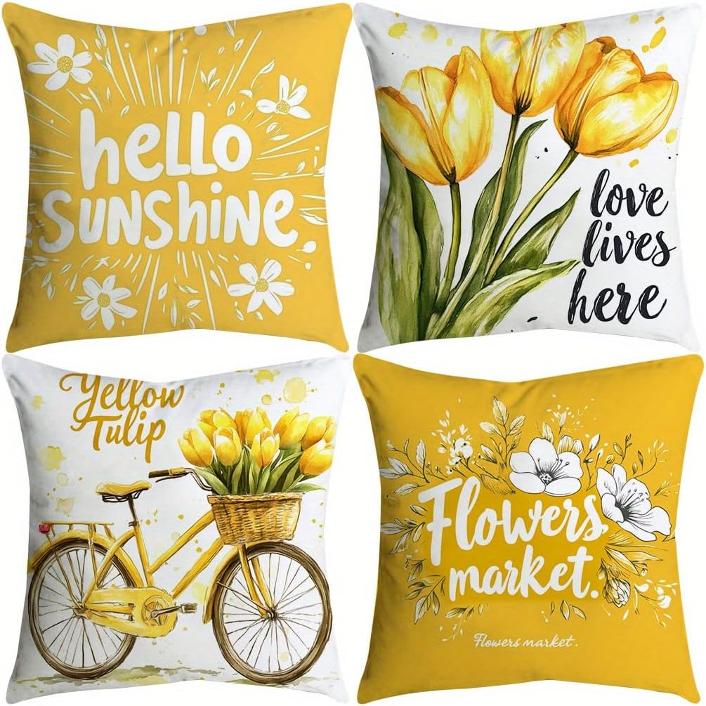 Detalle de PVOODIRE Gelbe Kissenbezüge 40x40 cm – 4er Set aus Leinen mit Blumenmuster