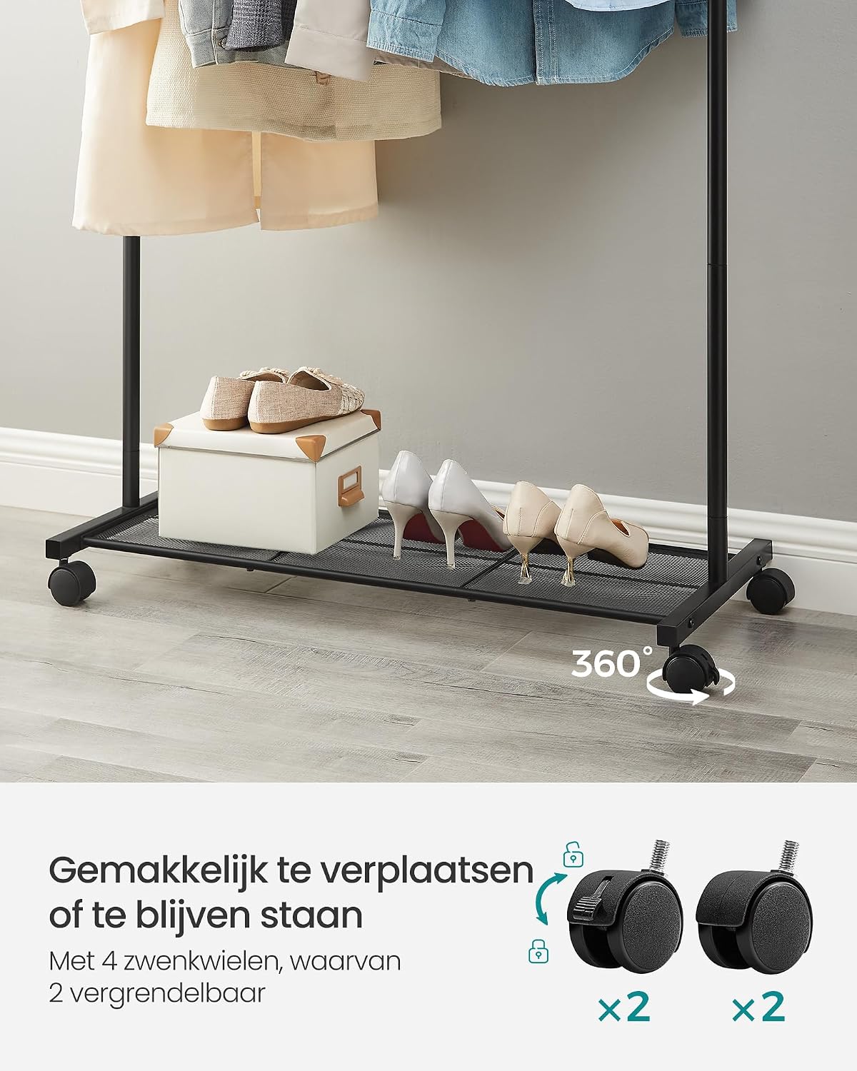 Thumbnail 6 de SONGMICS PATAYE HSR25BK kledingrek op wielen van staal, 40 kg, met roosterplank